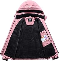 Vista 4 de Chaqueta de esquí impermeable para mujer, resistente al viento, cortavientos, abrigo de nieve cálido con capucha Rosa