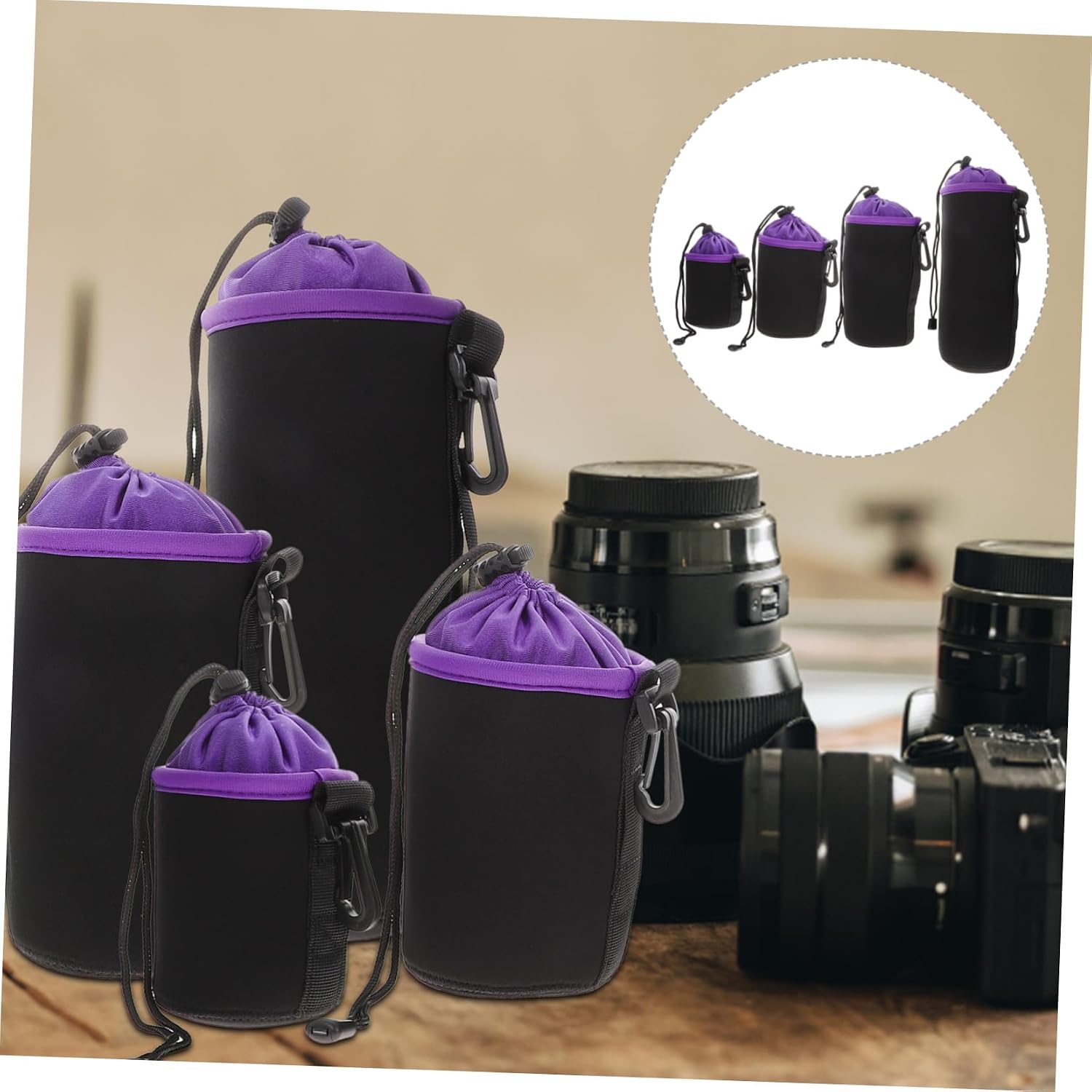 DOITOOL 4pcs Professional Camera Lens Pouch Thick Elastic and Case for Dslr Compact Camera and Photo Gear
