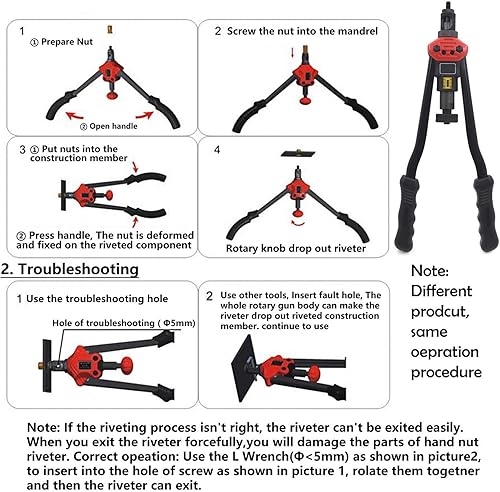 Miniatura 2 de HTTMT - Remachadora de tuerca manual 16.142 in 16" Kit de pistola de remache Herramienta de ajuste de tuerca fijadora NutSert métrica y pistola