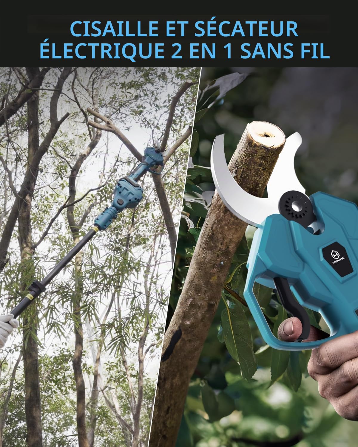 Sécateur Électrique Télescopique, 40mm Sécateur Electrique Sans Fil avec 21V 2x4.0Ah Batterie, SK5 Lame tranchante, Moteur Brushless, Sécateur de Jardin pour Vigne, Jardinage