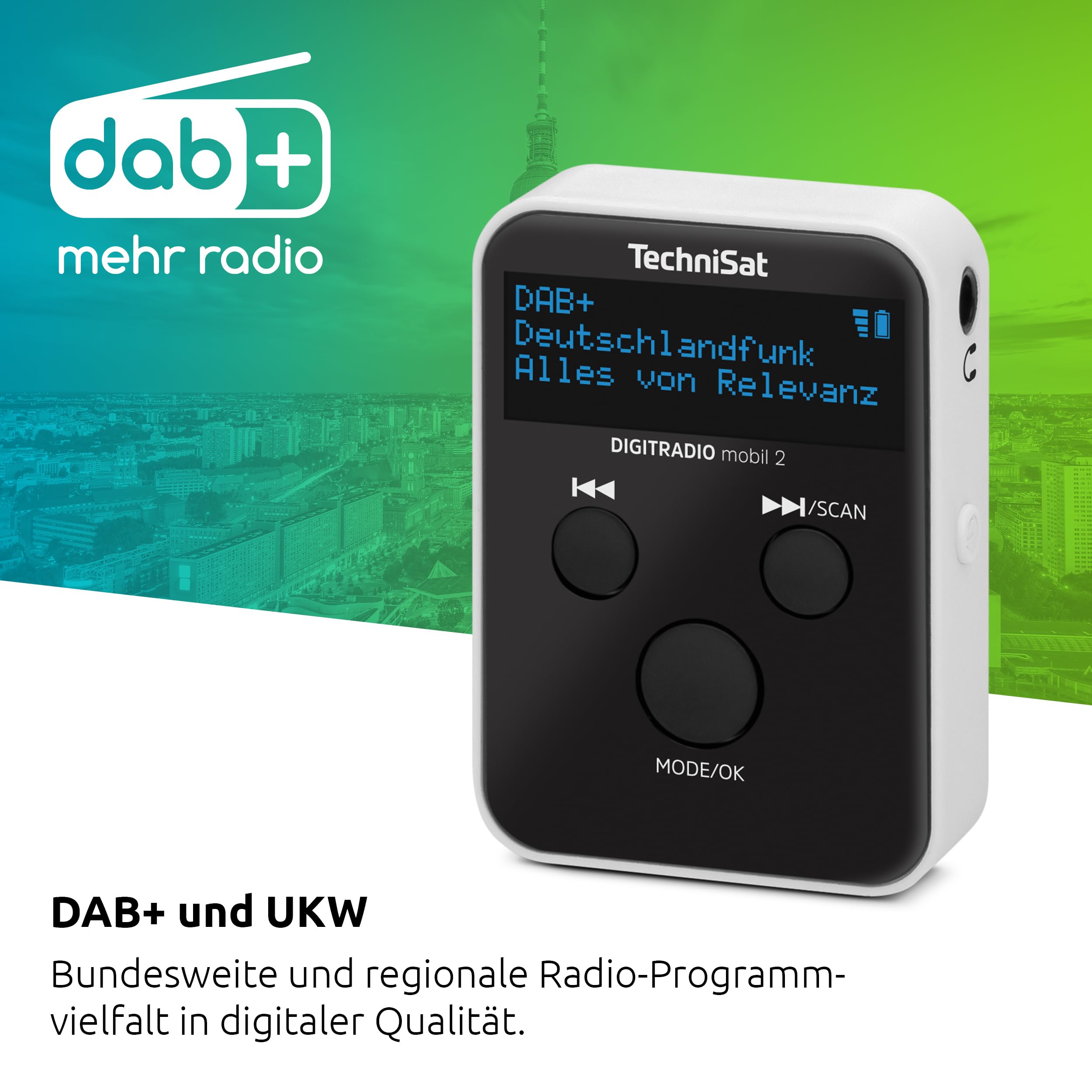 TechniSat Digitradio móvil 2: mini radio portátil DAB+/FM con batería integrada (radio de bolsillo recargable, auriculares, pantalla OLED, memoria favorita) negro/blanco
