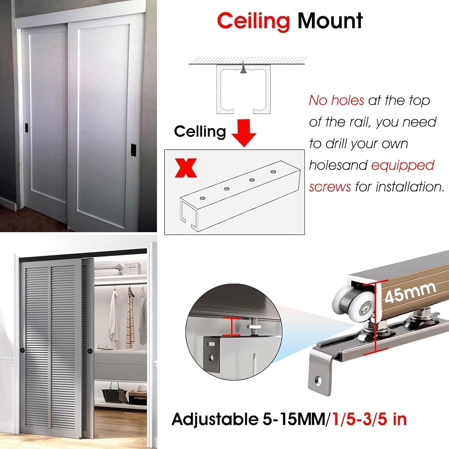 Heavy Duty Double Bypass Sliding Closet Door Track Kit, 1-1-1/4 in Thick Pocket Door Hardware Kit 16 14 12 10 9 8 7 6 5 4 3 Ft, Aluminum Box Rail Set(Silver,380cm/149.6in)