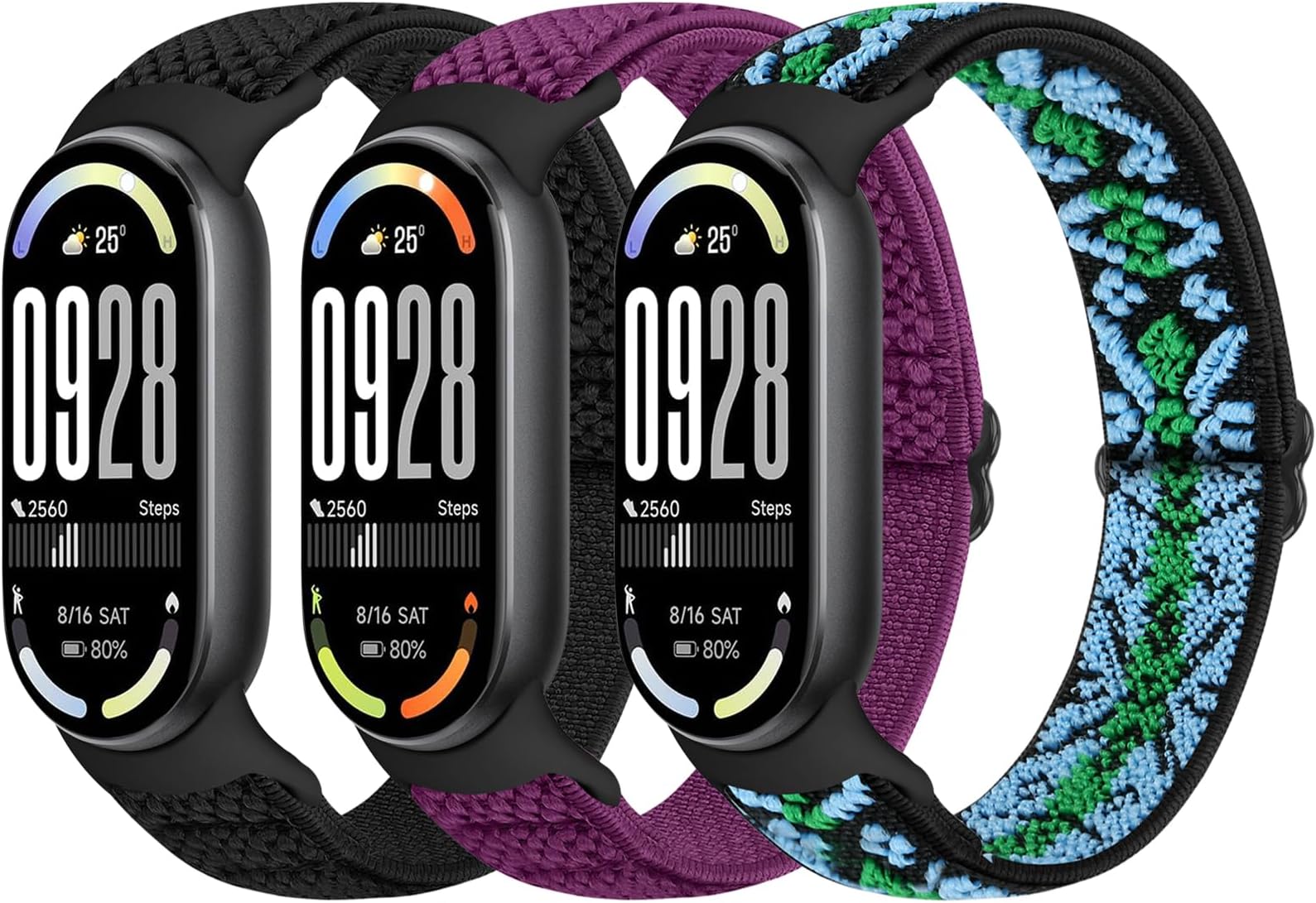 Bcuckood Elastic Bands Compatible with Xiaomi Smart Band 10/9/8 for Women Men, Stretchy Solo Loop Soft Nylon Elastic Strap Replacement Wristband for Xiaomi Mi Band 10/9/8，3 PCS