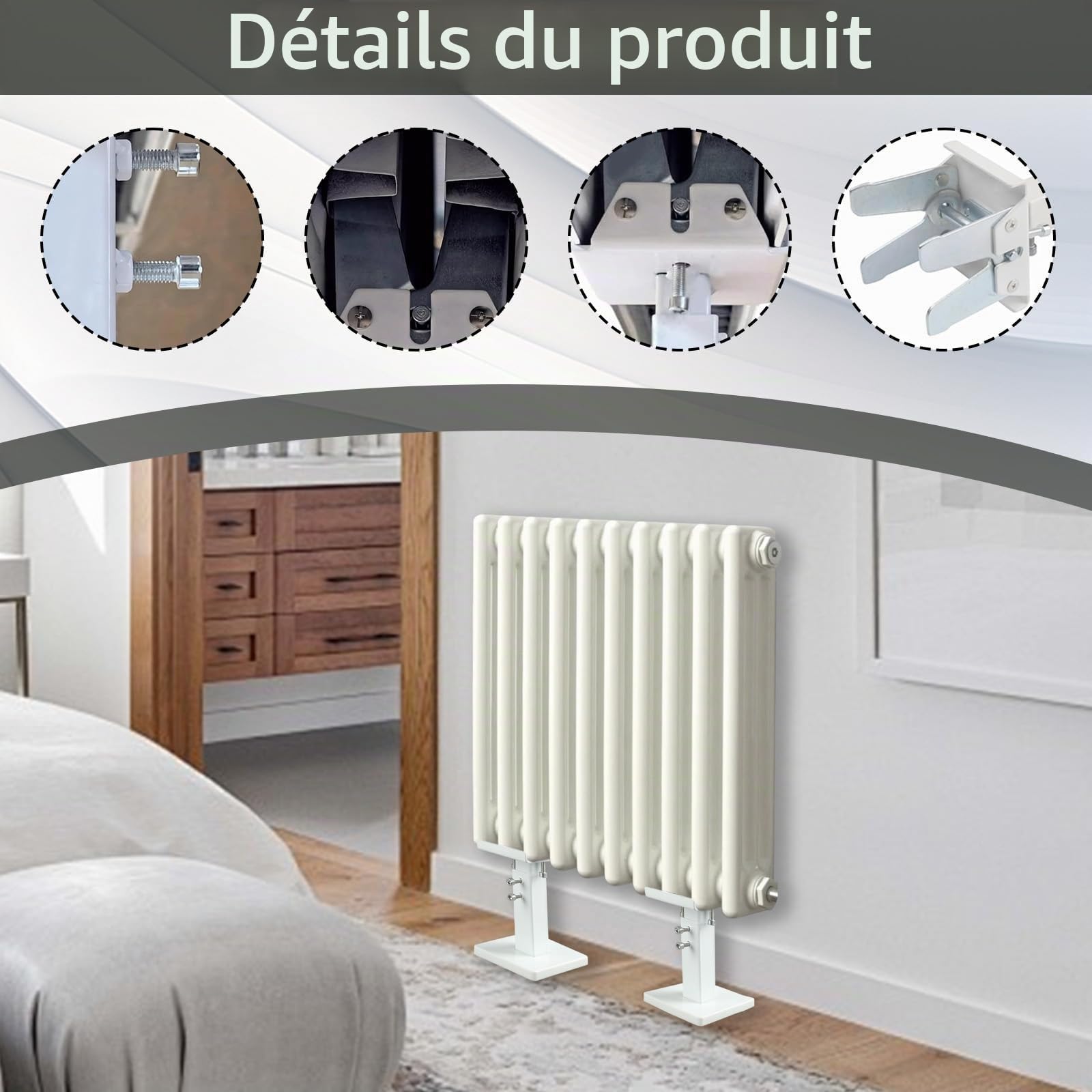 Lot de 2 Support Radiateur, Kit de Pieds de Radiateur à Montage au Sol 14-21 cm Ajustable Support Radiateur en Acier, Tablette de Radiateur Double Stabilité pour Radiateurs à Panneaux
