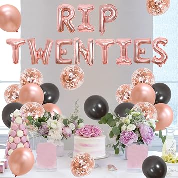 Rip Twenties 30th Birthday Party Decoration for Women Black and Rose Gold Balloon Garland Death to My Twenties Banner, Rip to My 20s Sash, Number 30 Foil Balloon for Funny Thirty Birthday