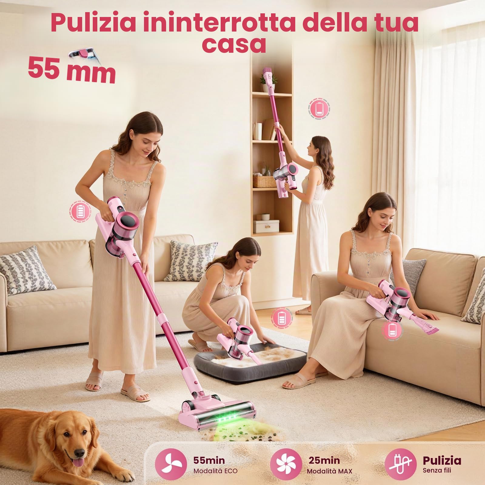 Aspirapolvere Senza Fili, 45KPa 50Mins Scopa Elettrica Senza Fili con Autoportante, Display LED intelligente,Leggero aspirapolvere ricaricabile antigroviglio,Potente per Pavimenti/Tappeti/Peli Animali