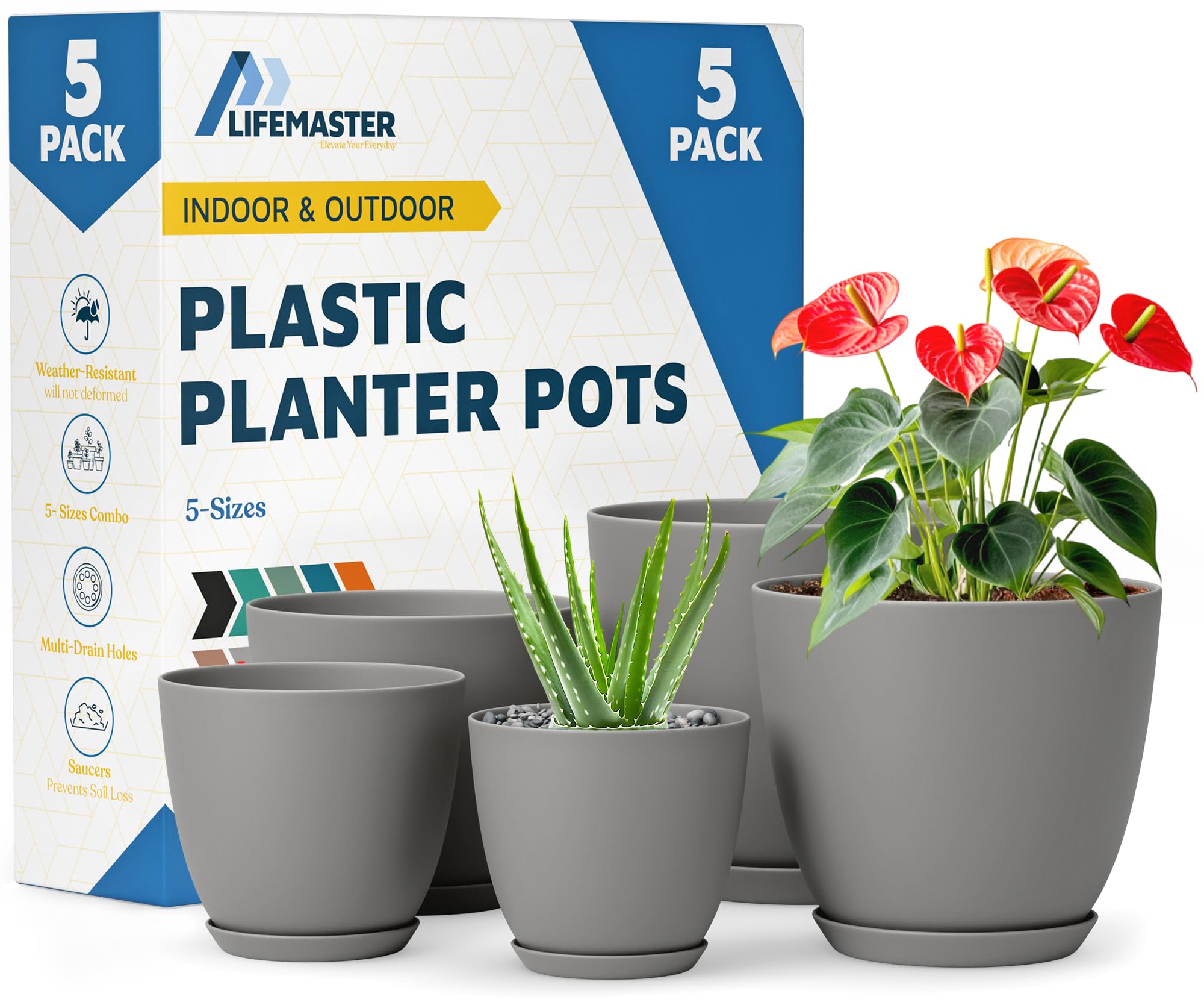 Planter Pots with Drainage Holes - Lightweight, Durable & Space-Saving Pots for Indoor and Outdoor - Versatile Functionality, Simple Modern Design, Set of 5 Plastic Planter Pots - Gray