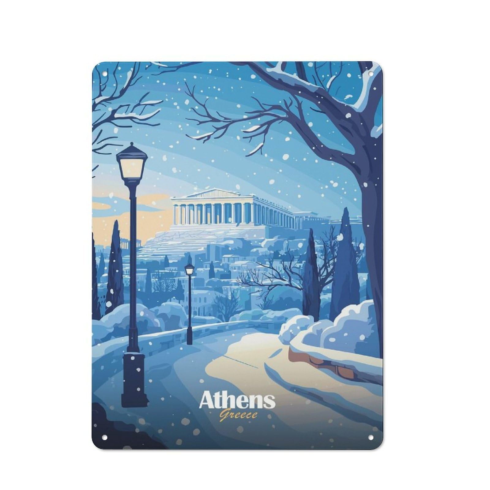 Junmoney Style-20 Tin Wall Plaque 40X30cm With Snowy Athens For Hobby Room Or Studio, For Themed Interiors In Hobby Rooms And Studios