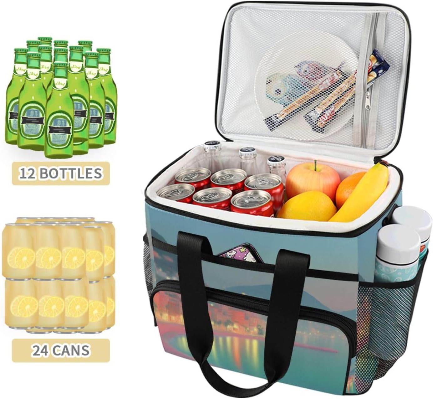 Insulated Cooler Bag Beach View Printed 24 Cans Lunch Box Leak Proof with Shoulder Strap and Handle for Picnic Camping