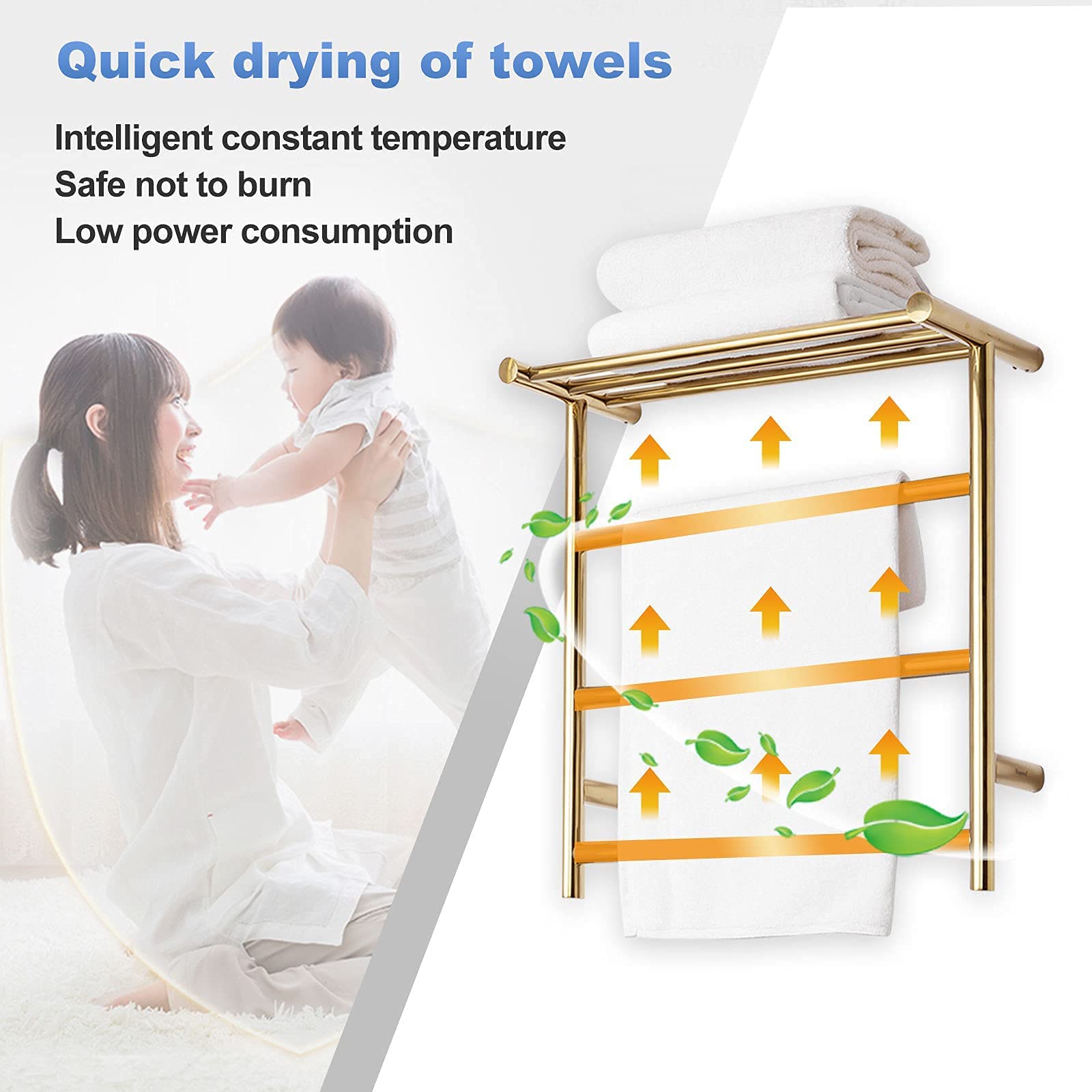 Radiador toallero eléctrico de Pared de Acero Inoxidable con Estante para baño, Color Dorado, 3 Barras (Plugin)