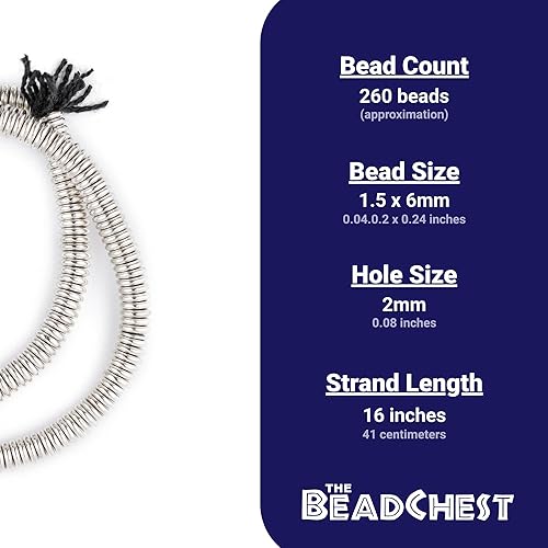 Miniatura 4 de TheBeadChest - Cuentas Heishi lisas extra grandes de plata brillante de 0.236 in, metal blanco, agujero grande, hebra de 16 pulgadas