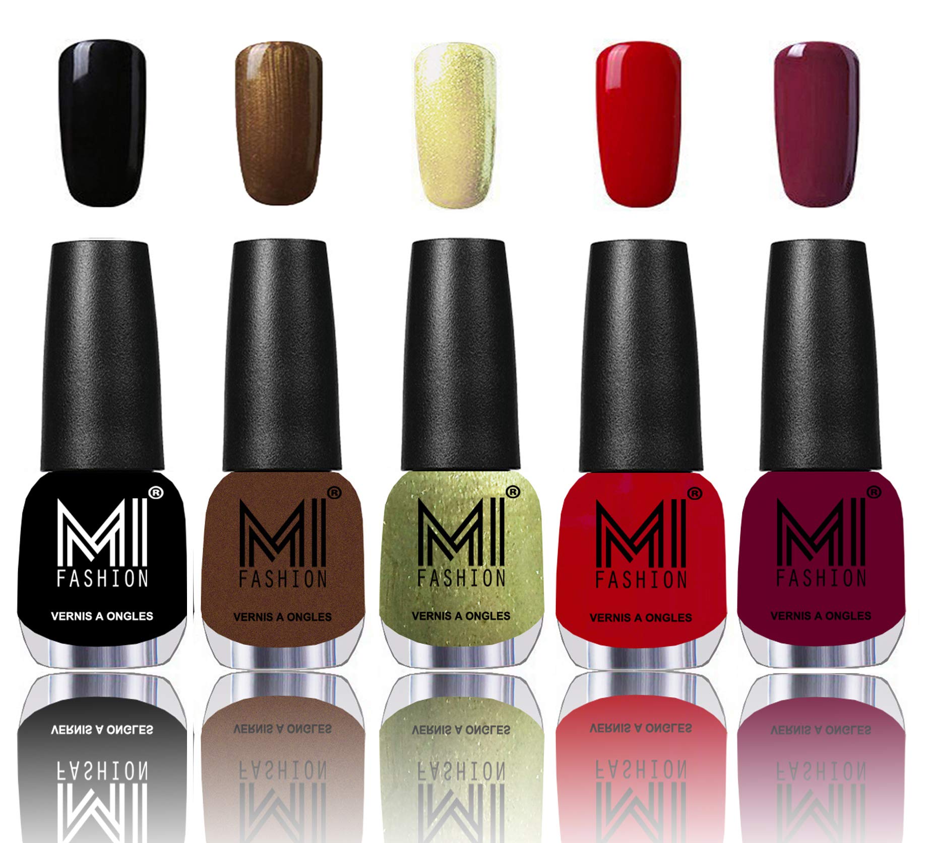 MI Fashion® 7 Days Lasting Premium Nail Polish Shades - Jet Black,Brown Coffee,Metallic Olive Green,Sinfully Red,Deep Red-image-4