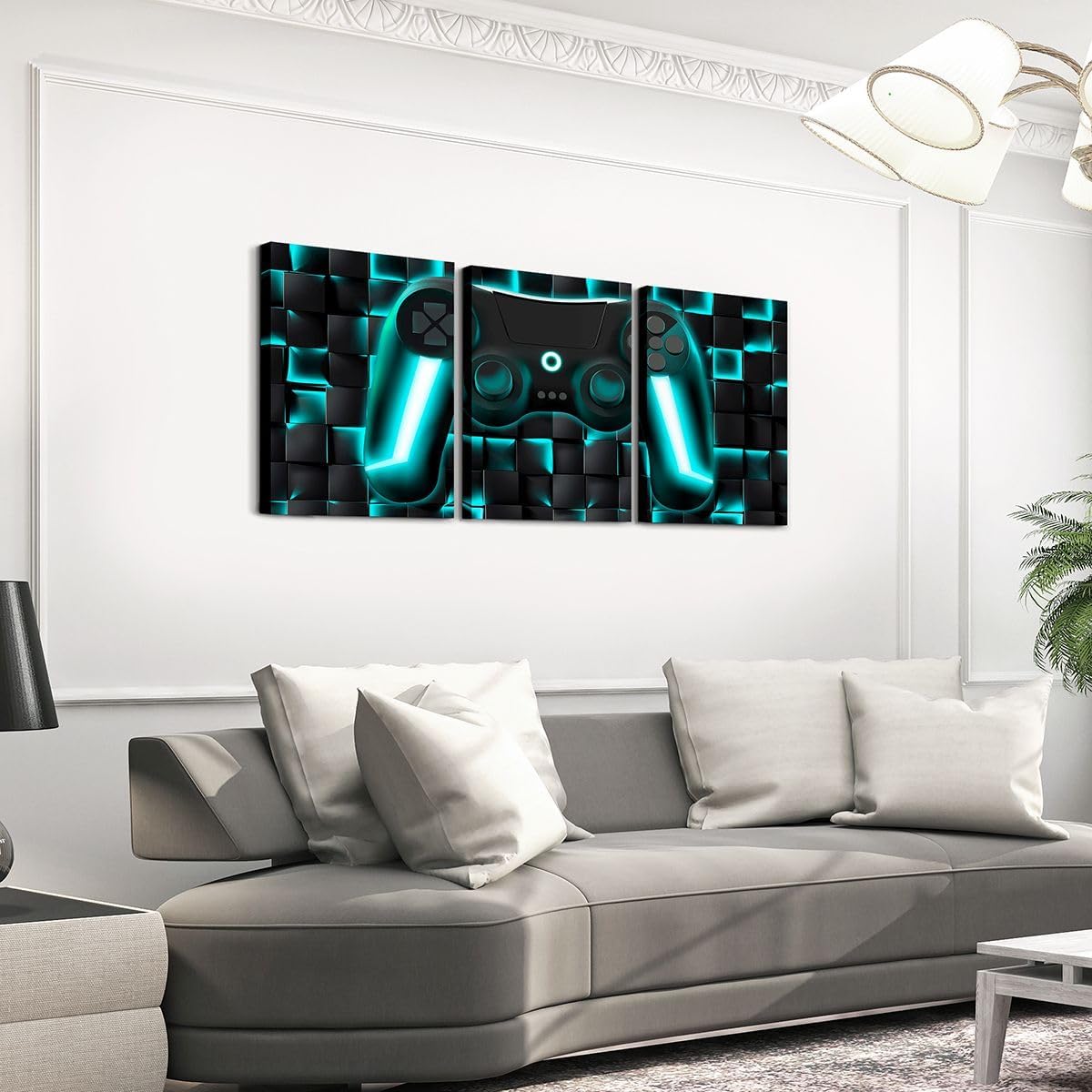 Erosebridal 3 Pcs Boys Gaming Room Wall Decor Gamer Wall Art For Kids Teen Boys Game Bedroom,Neon Teal Glowing Geometric Grid Pictures Poster Prints,Black Abstract Check Square Wall Paintings 12"X16"