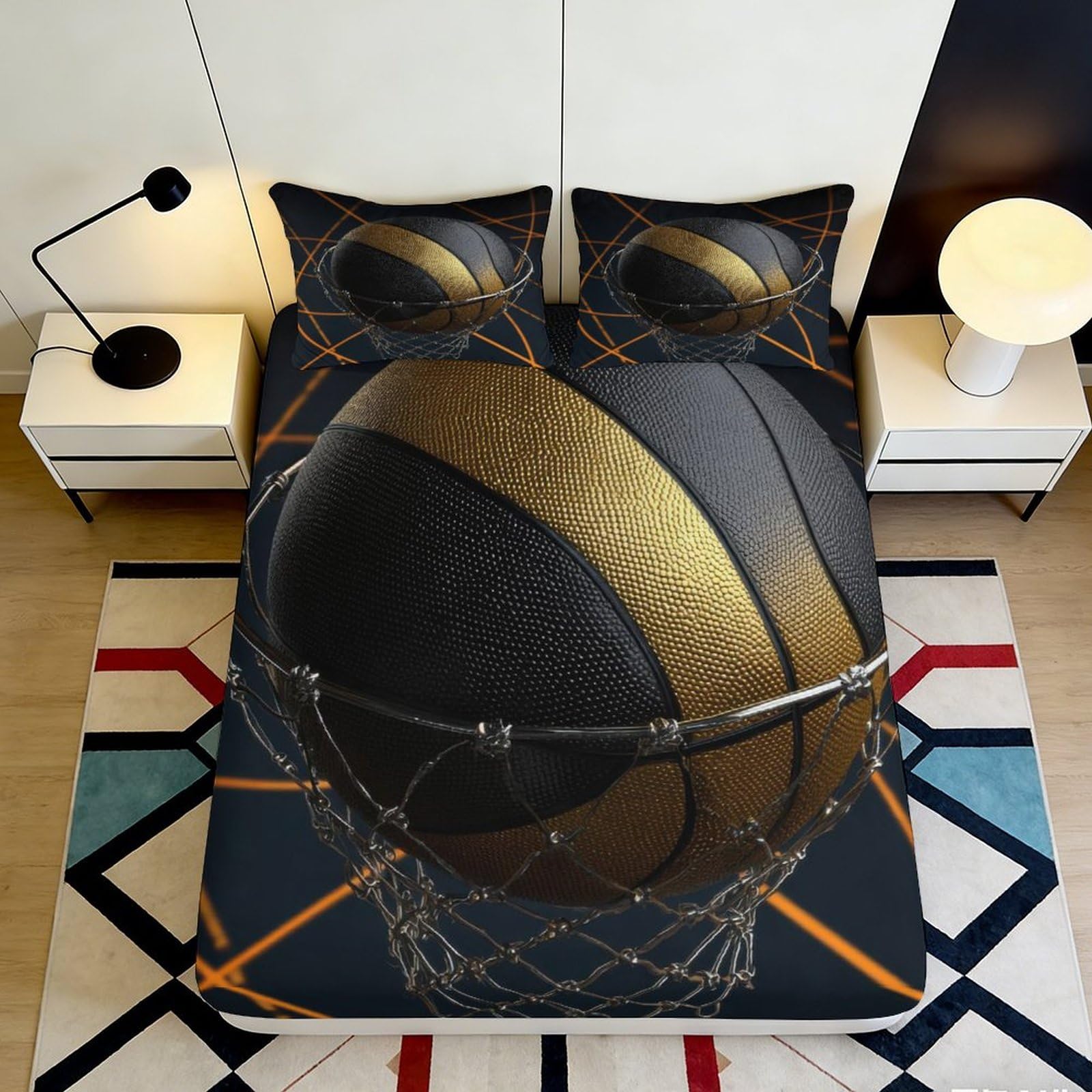 3D Printed Basketball Sports Fitted Sheet Microfiber Deep Pocket Non-Slip Bedroom Bedding Basketball Mattress Fitted Cover Washable Wrap 180x200x25cm