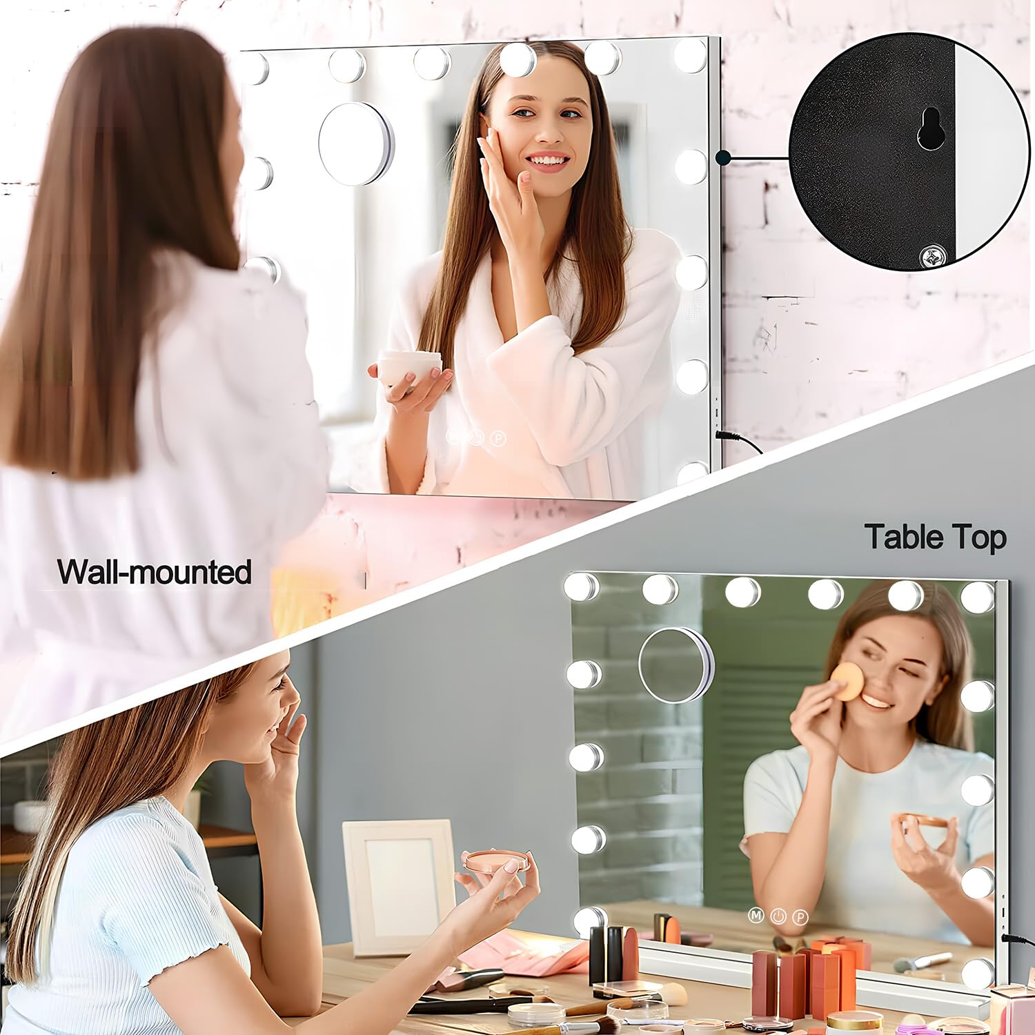 Genérico Hollywood Espejo Maquillaje con Luz 50x40cm, Espejo Pared con USB Puerto de Carga, 14 Bombillas LED y 3 Modos de Iluminación Ajustables, Aumento 10X Espejo Grande