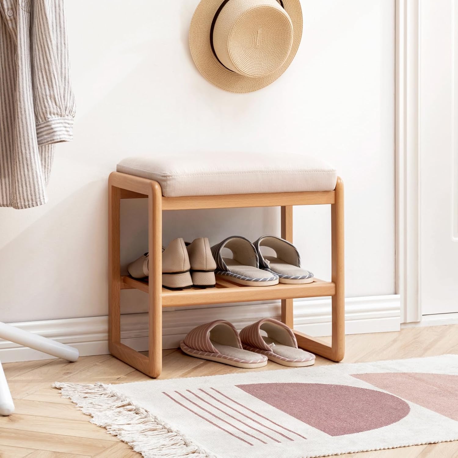 LLS Shoe Bench, Natural Beech Wood Entryway Bench with High Rebound Sponge Cushion and 2 Tier Storage, Make-up Stool Bed Bench for Entryway Hallway Living Room,Dining Room, Bedroom, Nature