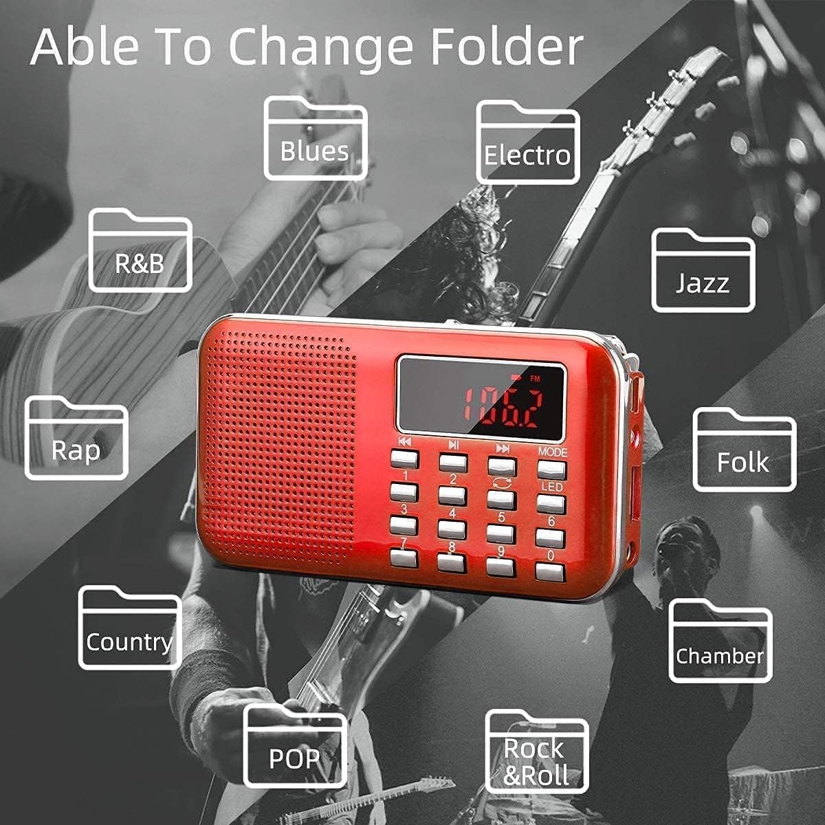 Diagram showing universal compatibility of the PRUNUS L-218AM radio with various devices and media types