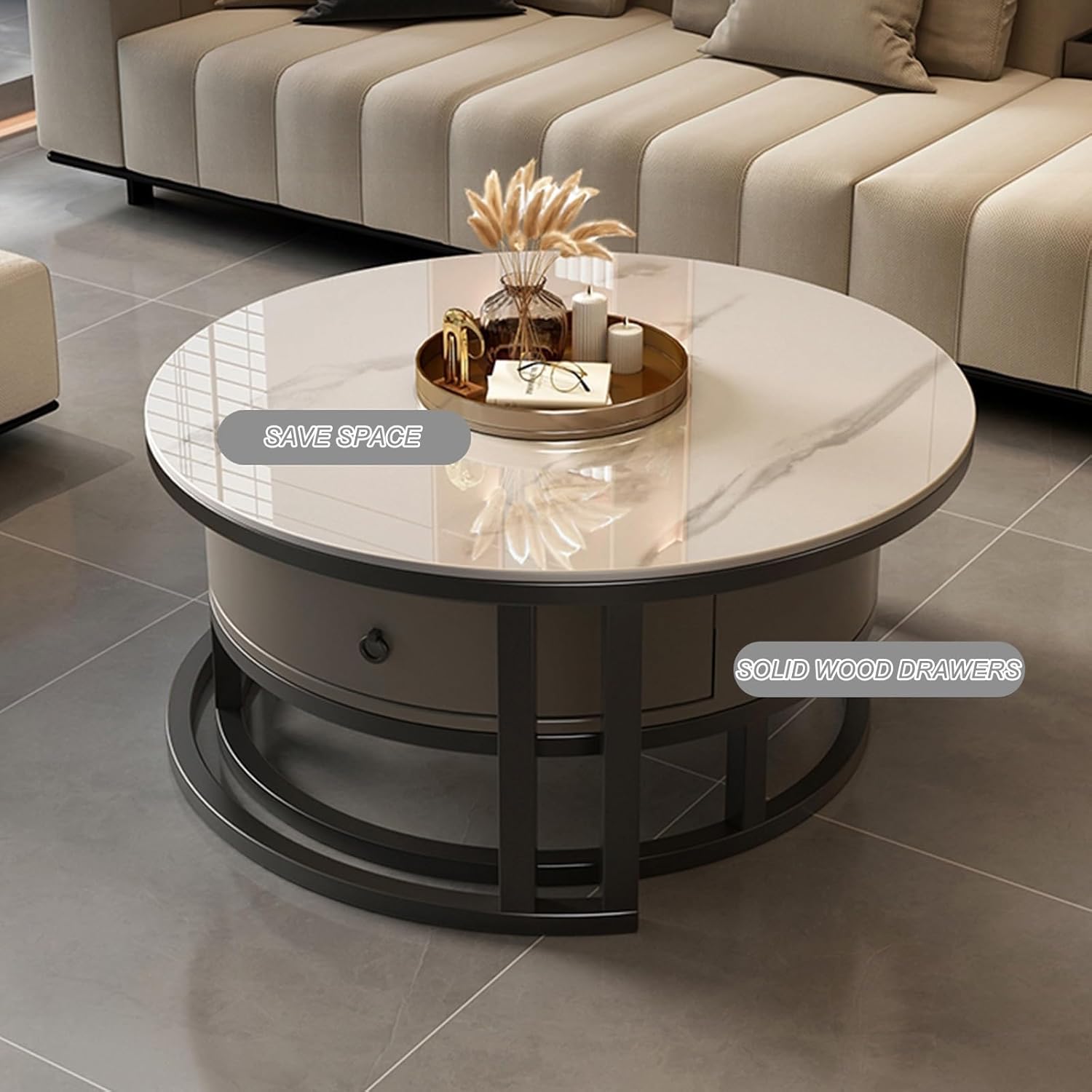 モダンな2段ラウンドエンドコーヒーテーブル、木製フレームと下