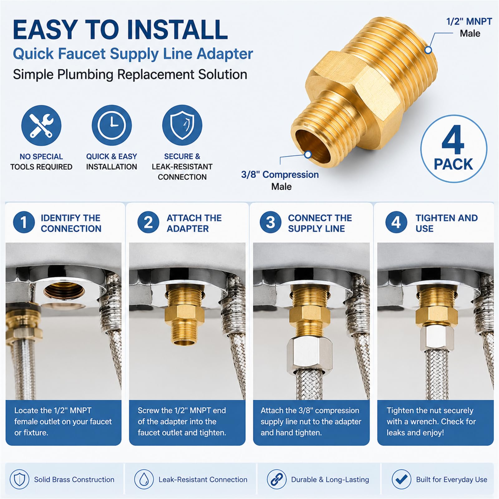 Brass Faucet Adapter - 4 Pack 1/2" to 3/8" -4 Brass Faucet Adapter - 4 Pack 1/2" to 3/8" -4