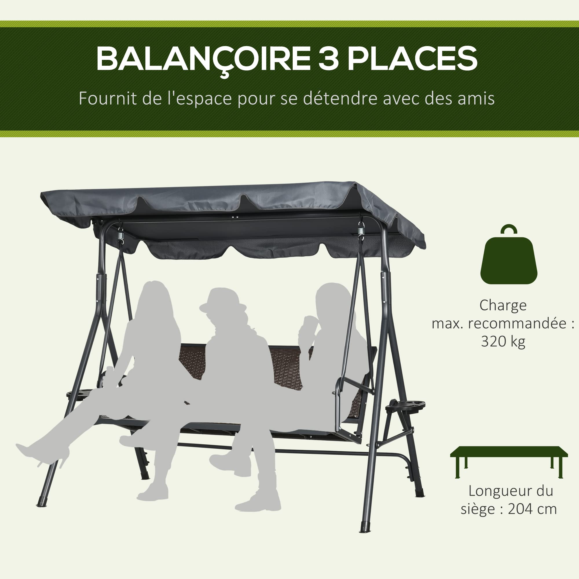 Outsunny Balancín de jardín de 3 plazas de techo inclinado ajustable con portavasos y bandejas asiento respaldo ergonómico de resina trenzada PE marco de acero y poliéster gris oscuro y marrón