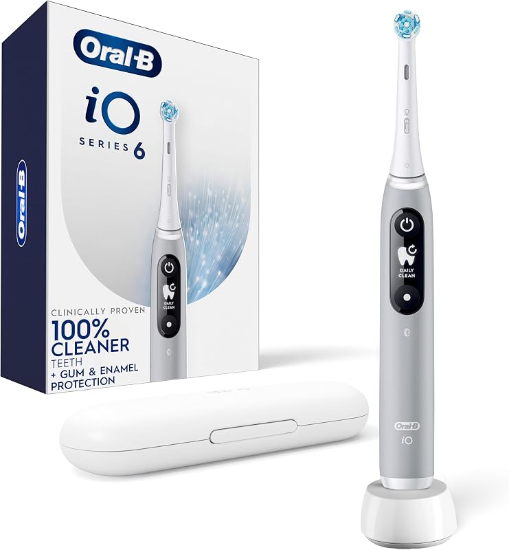 Oral-B Cepillo de dientes eléctrico recargable, iO6 Connected Coach, 5 modos de limpieza, sensor de presión visual para proteger las encías, pantalla interactiva, estuche de viaje, ópalo gris