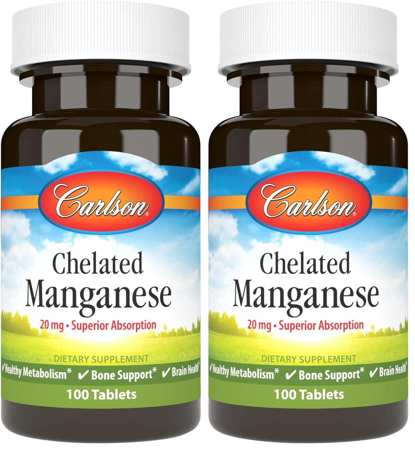 Carlson - Chelated Manganese, 20 mg, Superior Absorption, Healthy Metabolism, Bone Support & Brain Health, 100 Tablets (Pack of 2) 100 Count (Pack of 2)