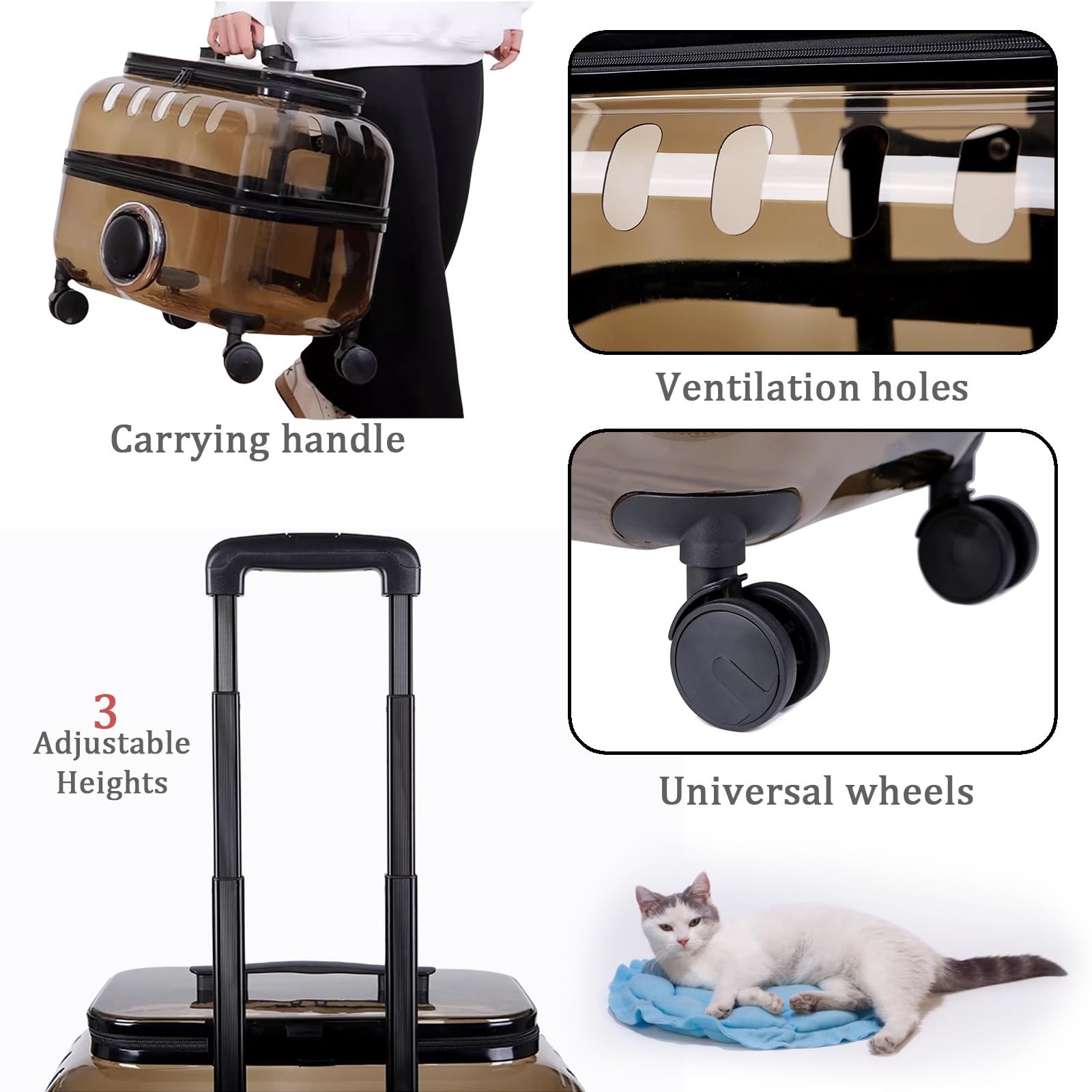 Transportin Gato con Ruedas y Varilla Telescópica, Transpirable y Impermeable, Maleta para Mascotas para Gatos y Perros Pequeños(Brown,S)