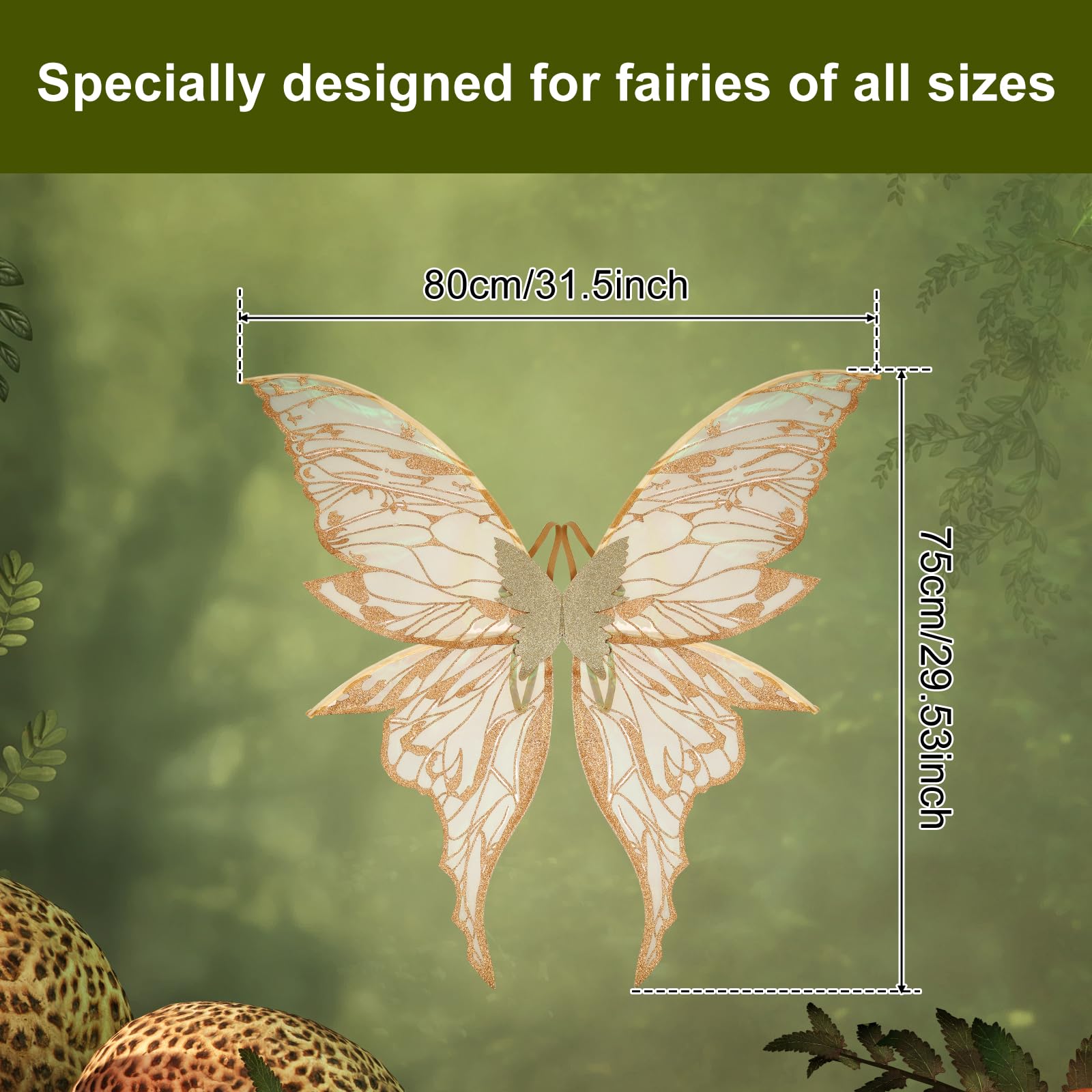 Fairy Wings for Adults Women Children Girls, 4Pcs Wings Fairy Costume Set with Wands, Headband & Elf Ears Adjustable Strap Halloween Costume Sparkle Angel Wing Dress Up Party Favor(Gold) - Image 3
