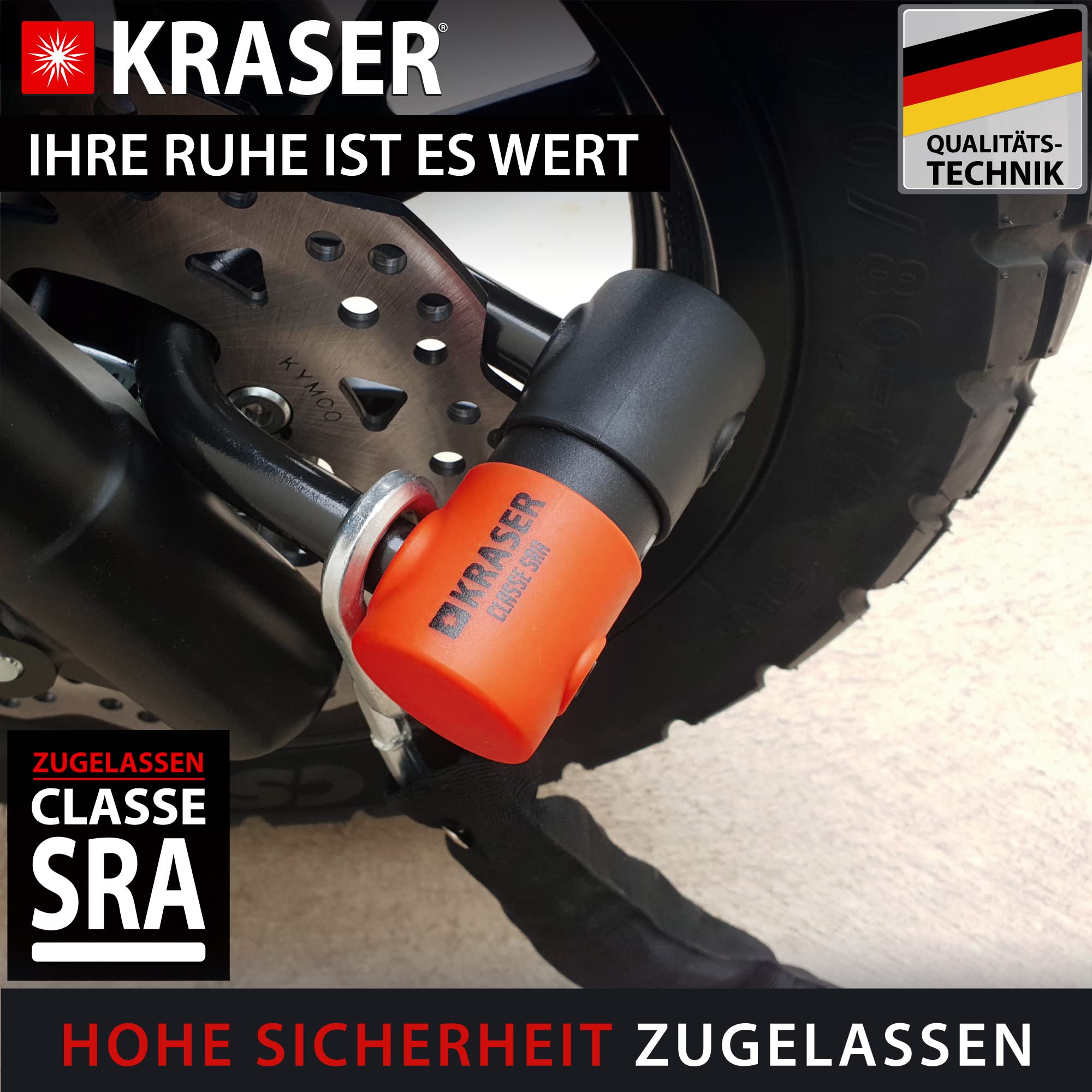 KRASER KR50+120L Motorradkette Diebstahlsicherung + Vorhängeschloss SRA Homologierte Anti-Diebstahl-Set Mini U Solid Ø18 Bausätze Kettenschlaufensystem 120 cm Ø10 Elektrisches Fahrrad