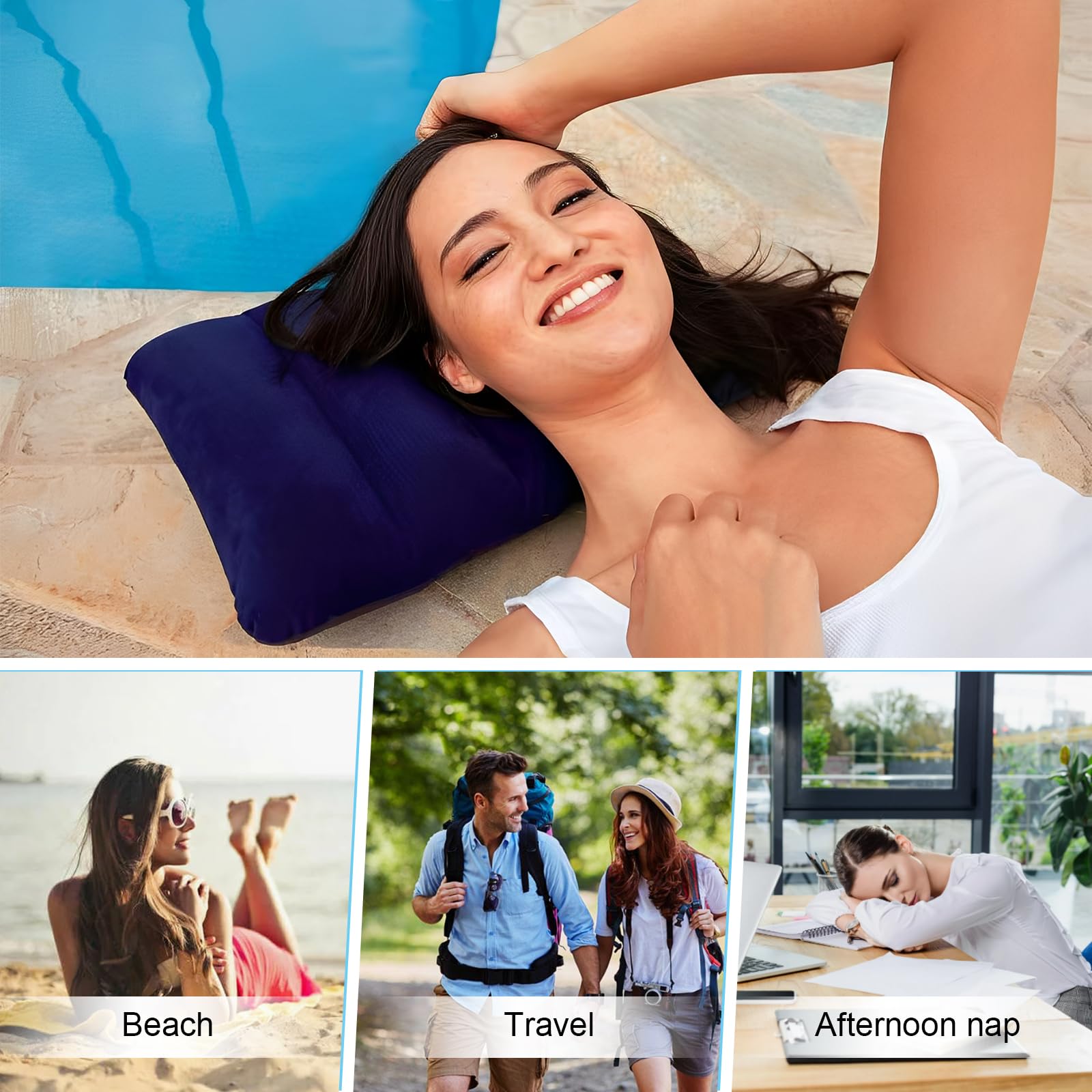 Almohada inflable, 4 almohadas inflables portátiles para camping, vacaciones, playa, tomar el sol y viajes (gris, azul oscuro, azul marino y morado)