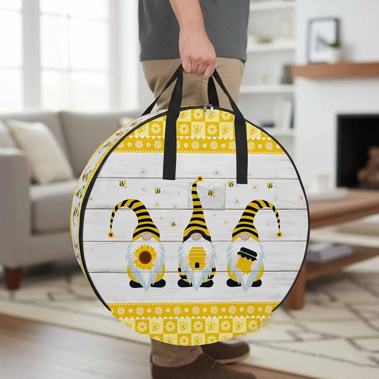 Bee Gnome Round Storage Bag 36 Inch, Daisy Flower Rustic Wood Clothes Storage Container with Handles Heavy Duty Organizer for Comforter, Bedding & Holiday Wreaths
