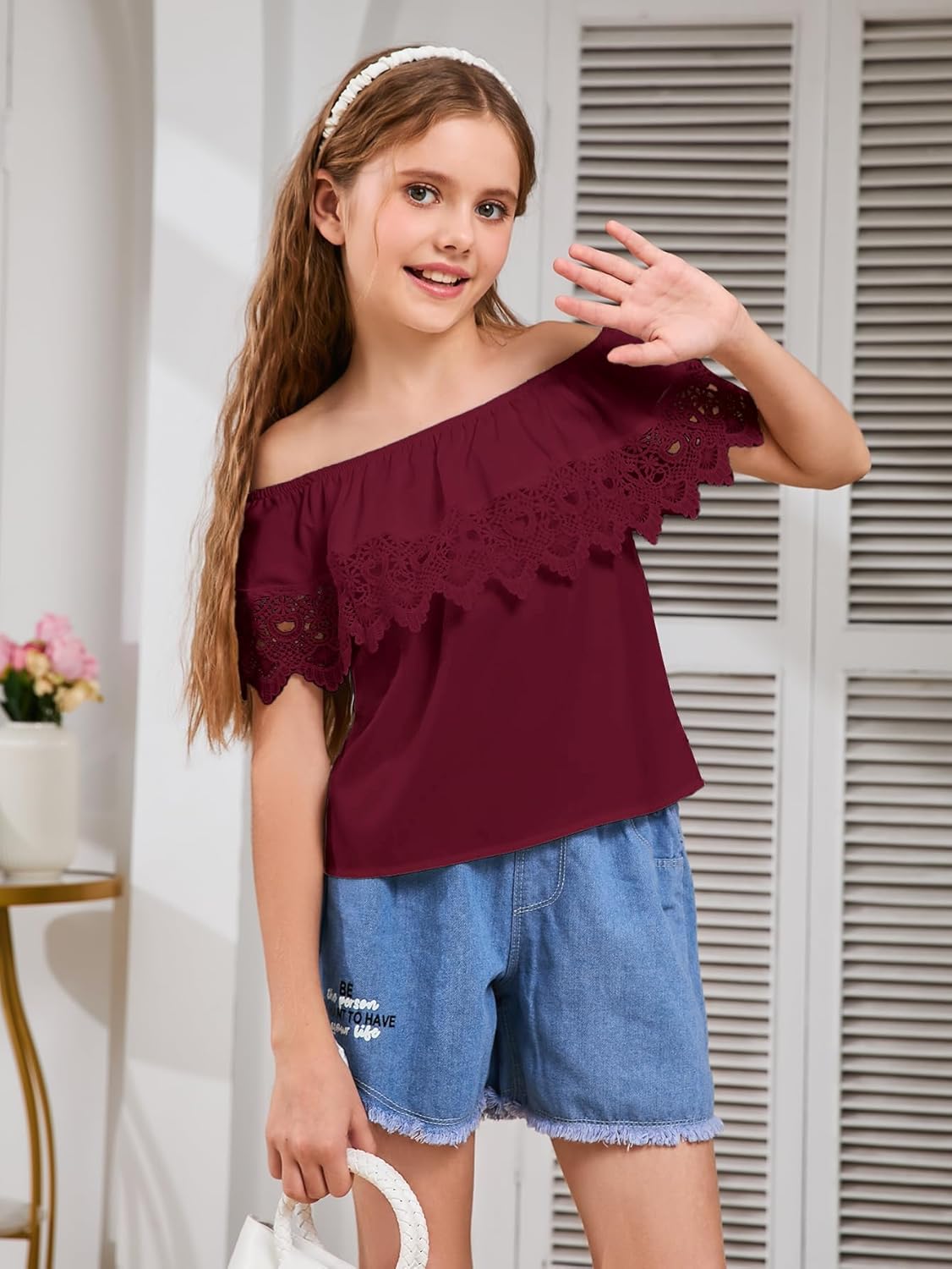 WDIRARA Girl's Off The Shoulder Ruffle Trim Lace Short Sleeve Blouse Top - Image 5