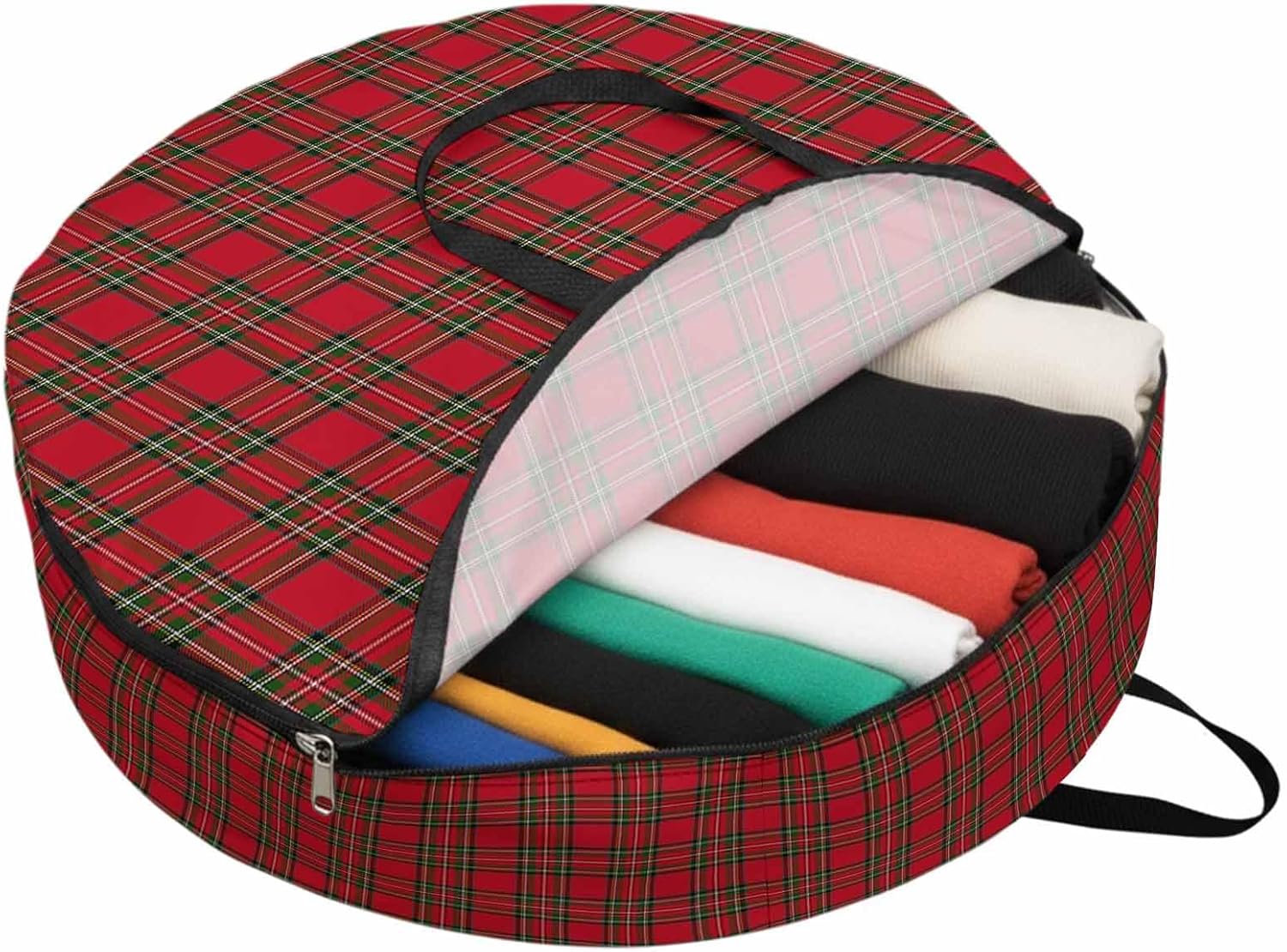 Christmas Red Round Storage Bag 36 Inch, and Green Buffalo Plaid Clothes Storage Container with Handles Heavy Duty Organizer for Comforter, Bedding & Holiday Wreaths