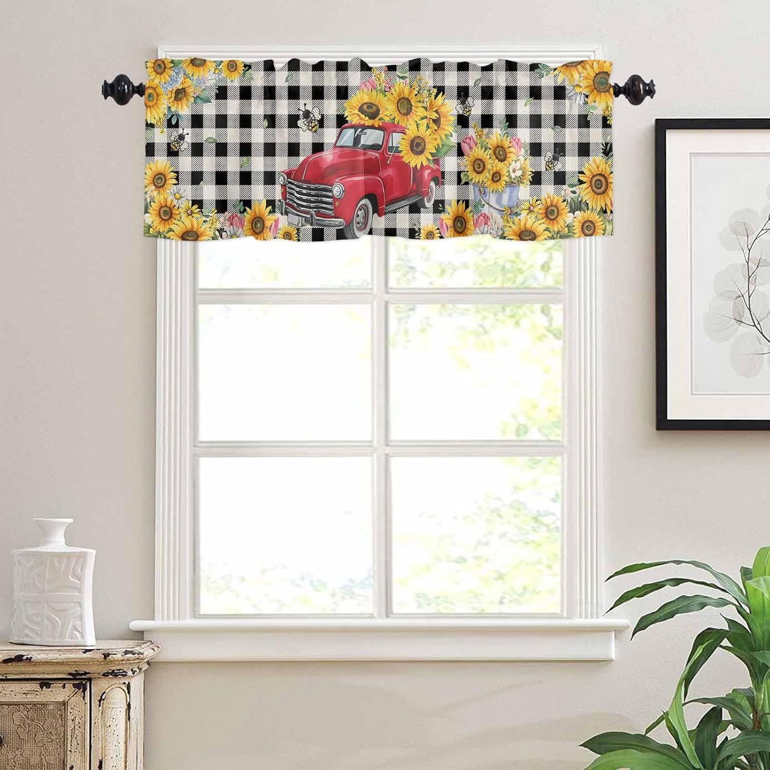 T&H XHome Window Treatment Valances Red Truck with Sunflowers Vintage Rustic Black Plaid Design Rod Pocket Curtain Valance for Kitchen, Bathroom, Living Room, Bedroom 54" W x 18" L