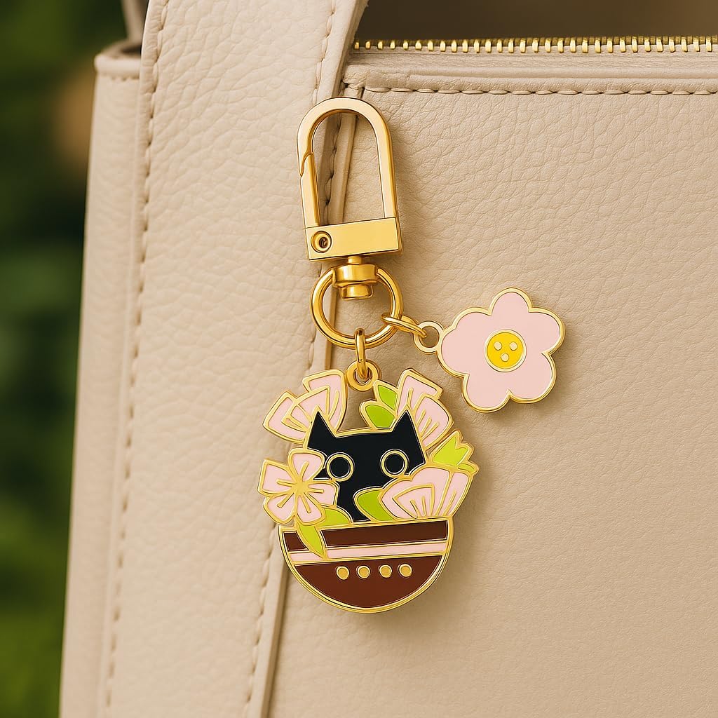Cat Keychain with Black Cat in Brown Flower Pot, Pink Flower Cluster, and Smiling Face for Women,Cute and Charming Accessory for Bag Charms - Image 2