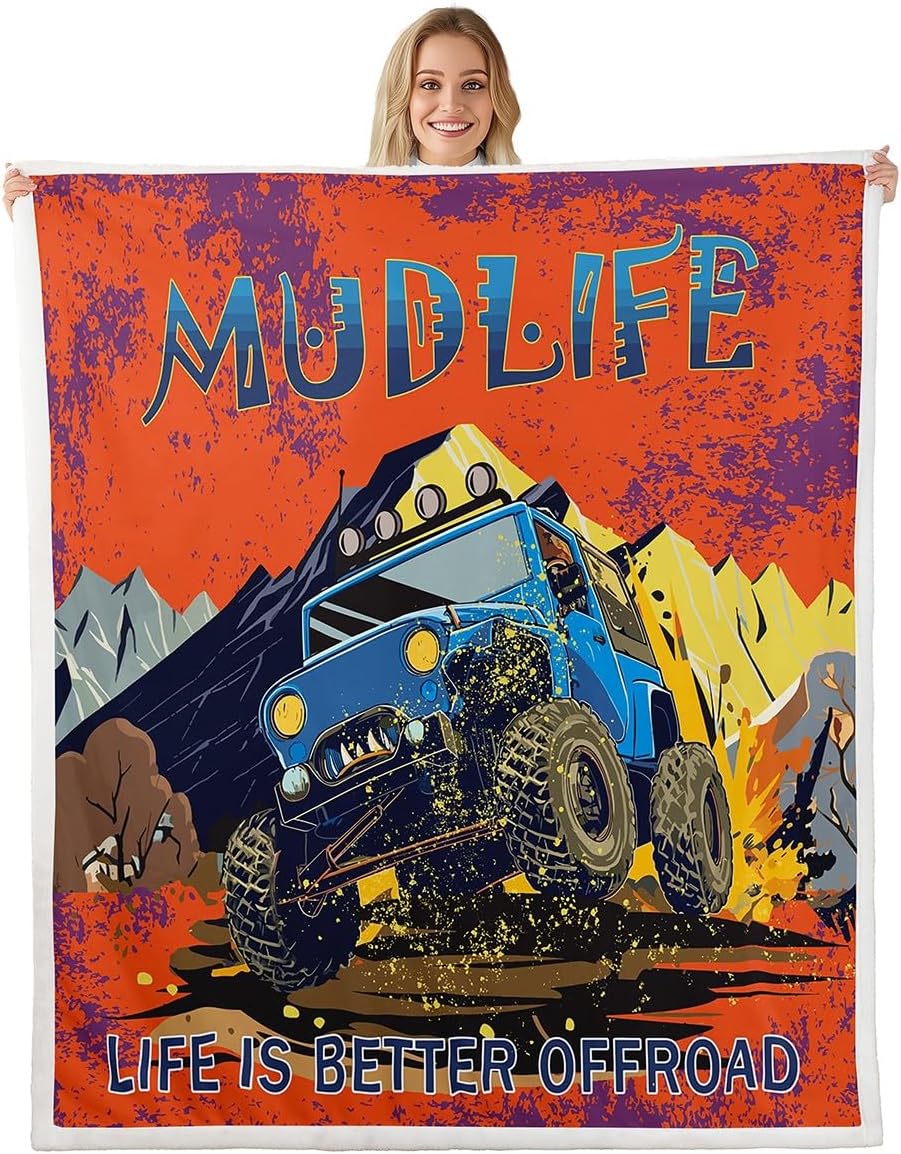 Offroad Vehicle Kids Throw Blanket,Mountain Adventure Rustic Bed Blanket for Girls Boys Adults,Race Car Extreme Sports Games Fleece Blanket,Colorful Fuzzy Blanket,Twin Size (60 x 80 Inches)