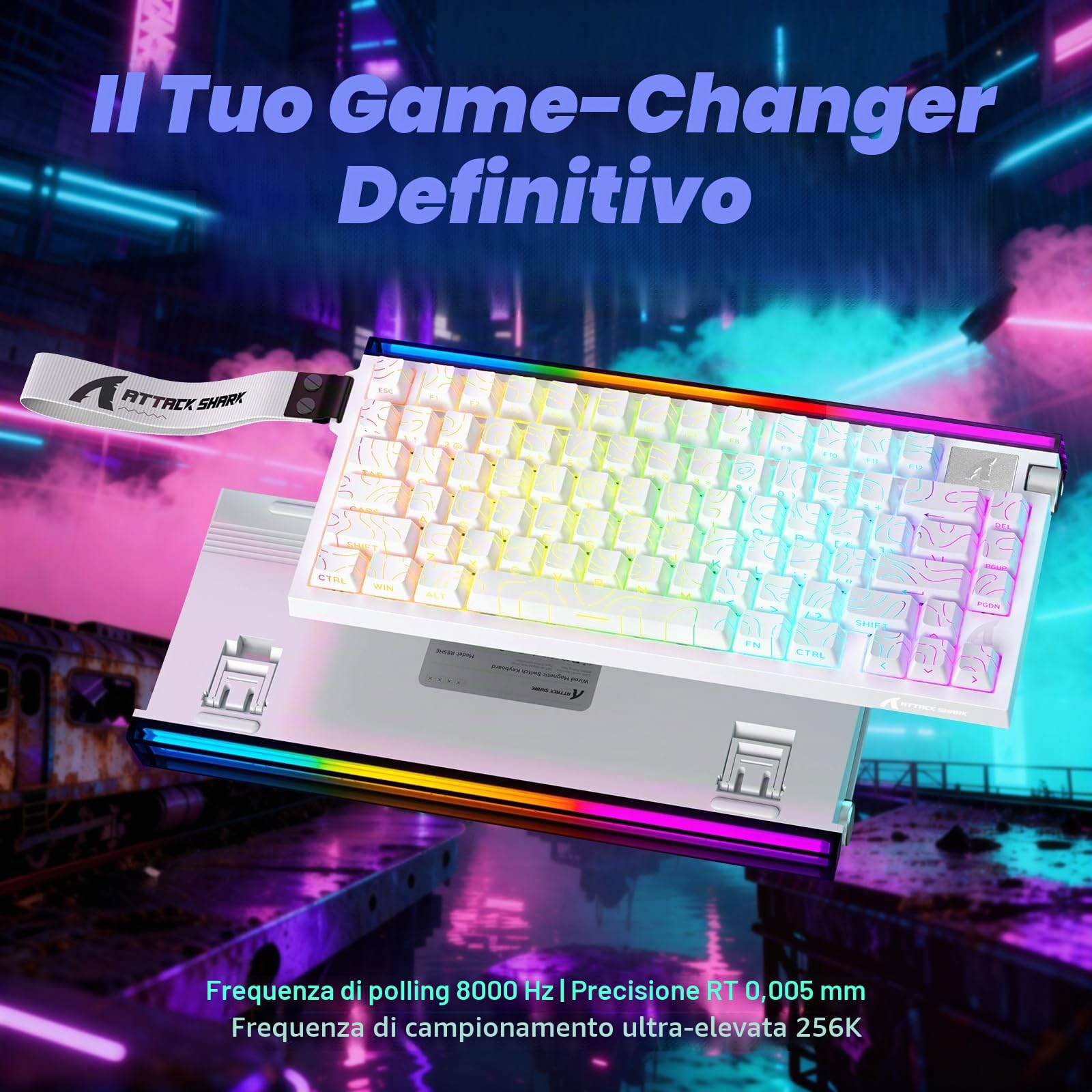ATTACK SHARK R85 HE Tastiera Gaming Cablaggio 75% con Cavo LED C01ULTRA, Switch Magnetici, Software Multifunzione, Light-Box RGB, Manopola, 8000 Hz, RT Precisione 0,005 mm (Bianco contorno)