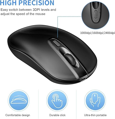Miniatura 6 de Cimetech - Mouse inalámbrico recargable de 24GHz mouse óptico inalámbrico para computadora portátil silencioso delgado con nano receptor USB Paquete
