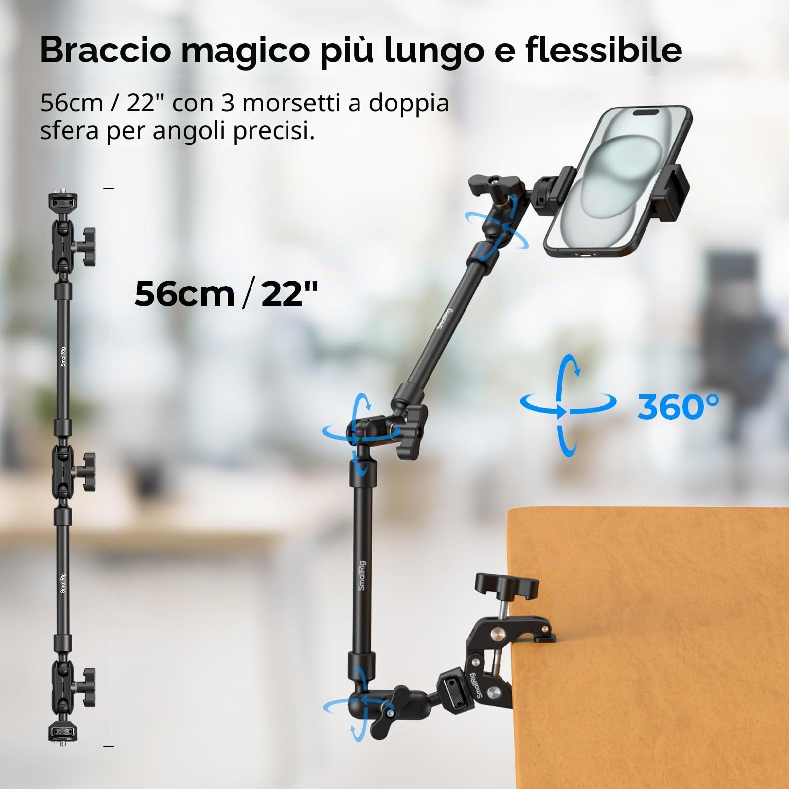 SMALLRIG Braccio Magico da 22" con Kit Morsetto a Granchio, Supporto e Morsetto per Fotocamera da Tavolo Flessibile, Braccio Articolato, per Luce, Webcam, Microfono, Action Camera - 4766