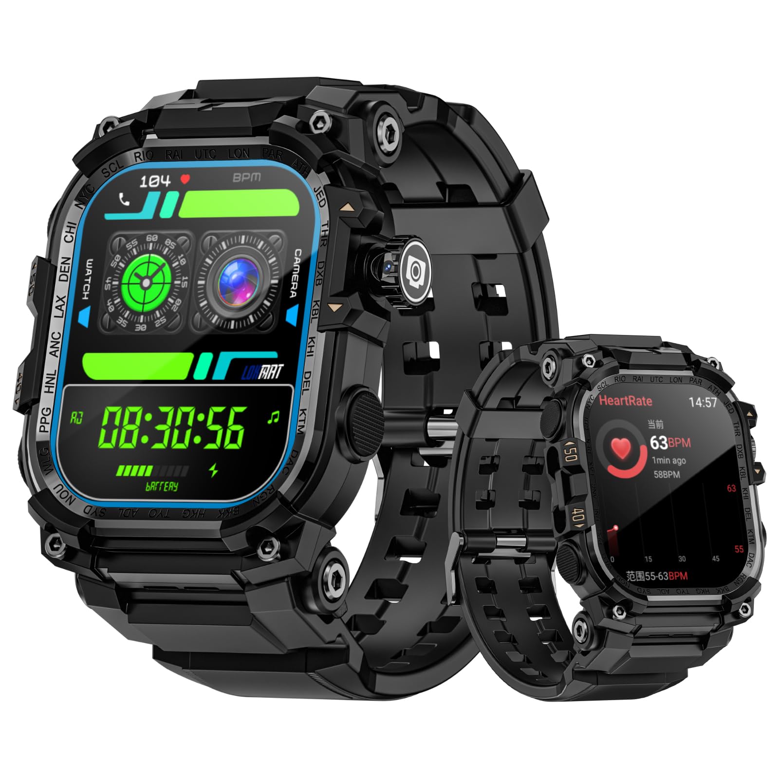 LOKMAT 2,06''AMOLED 4G Smartwatch mit großem Bildschirm, 3 GB + 32 GB, robuste Militär-Sport-Android-Smartwatch für Herren mit drehbarer Kamera, WiFi, GPS, NFC, für Männer und Frauen (Schwarz)