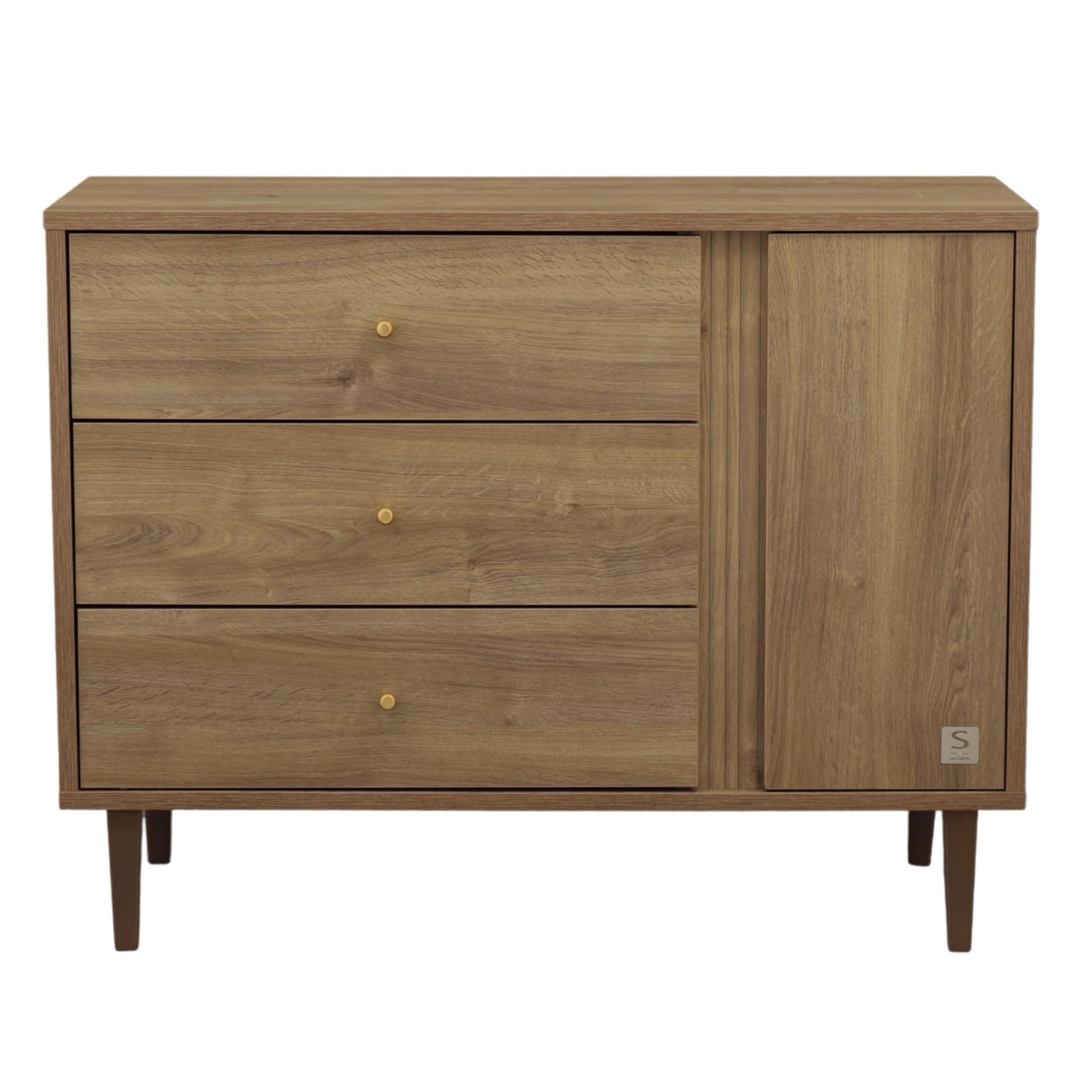 Sauthon Commode 3 tiroirs et 1 Porte avec détail Imitation Bois texturé et Pieds Bois