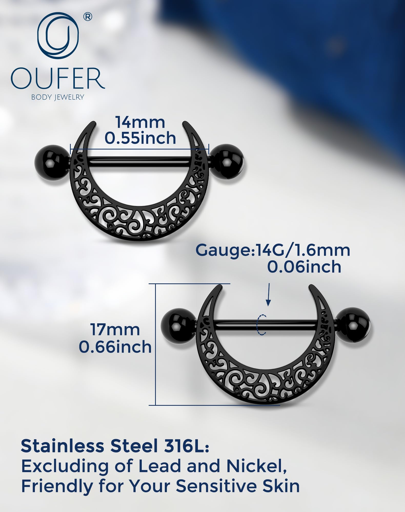 OUFER 2 Pièces Piercing Téton Lune Noire 14G, Anneaux de Mamelon en Acier Chirurgical 316L à Billes Filetées, 14 mm Bijou de Piercing pour Femmes Élégantes - 5
