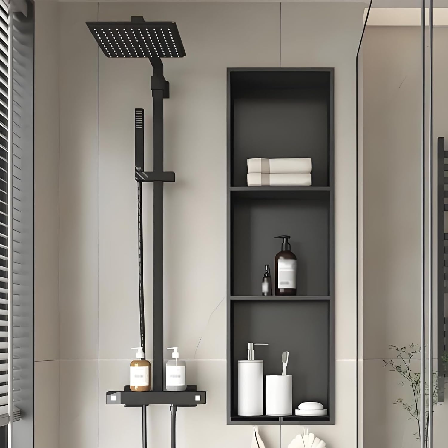 Matte Black Shower Kit - Stainless Steel Bathroom Wall rts, No Tile Needed, Recessed Toilet Holders for Modern Bathroom Storage Solutions