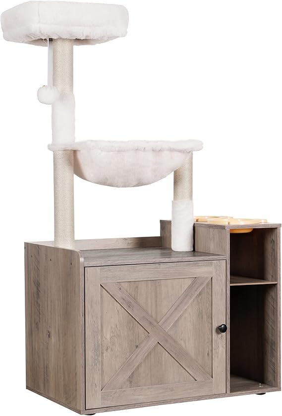 Hey-brother Cat Tree with XL Litter Box Enclosure, All-in-one Cat Tower for Indoor Cats with Large Hammock, Bed, Food Station, Scratching Posts, Modern Style Pet Furniture, Rustic Gray MPJ101SG