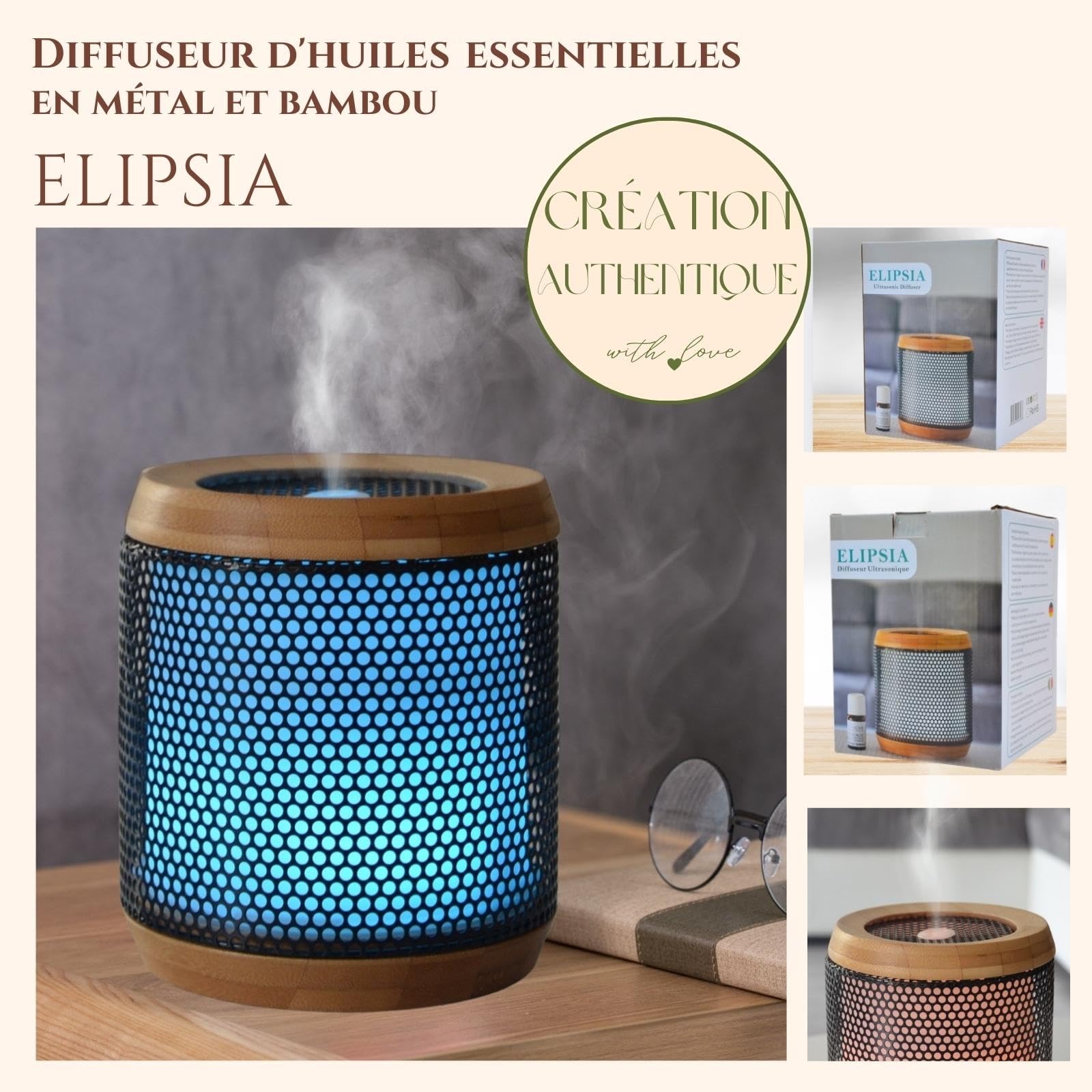 Zen'Aromat dyfuzor olejków eterycznych Elipsja - ultradźwiękowy dyfuzor aromaterapia na zimno - Elektryczny dyfuzor zapachowy do domu - wielofunkcyjne oświetlenie LED - naturalne materiały bambusowe i