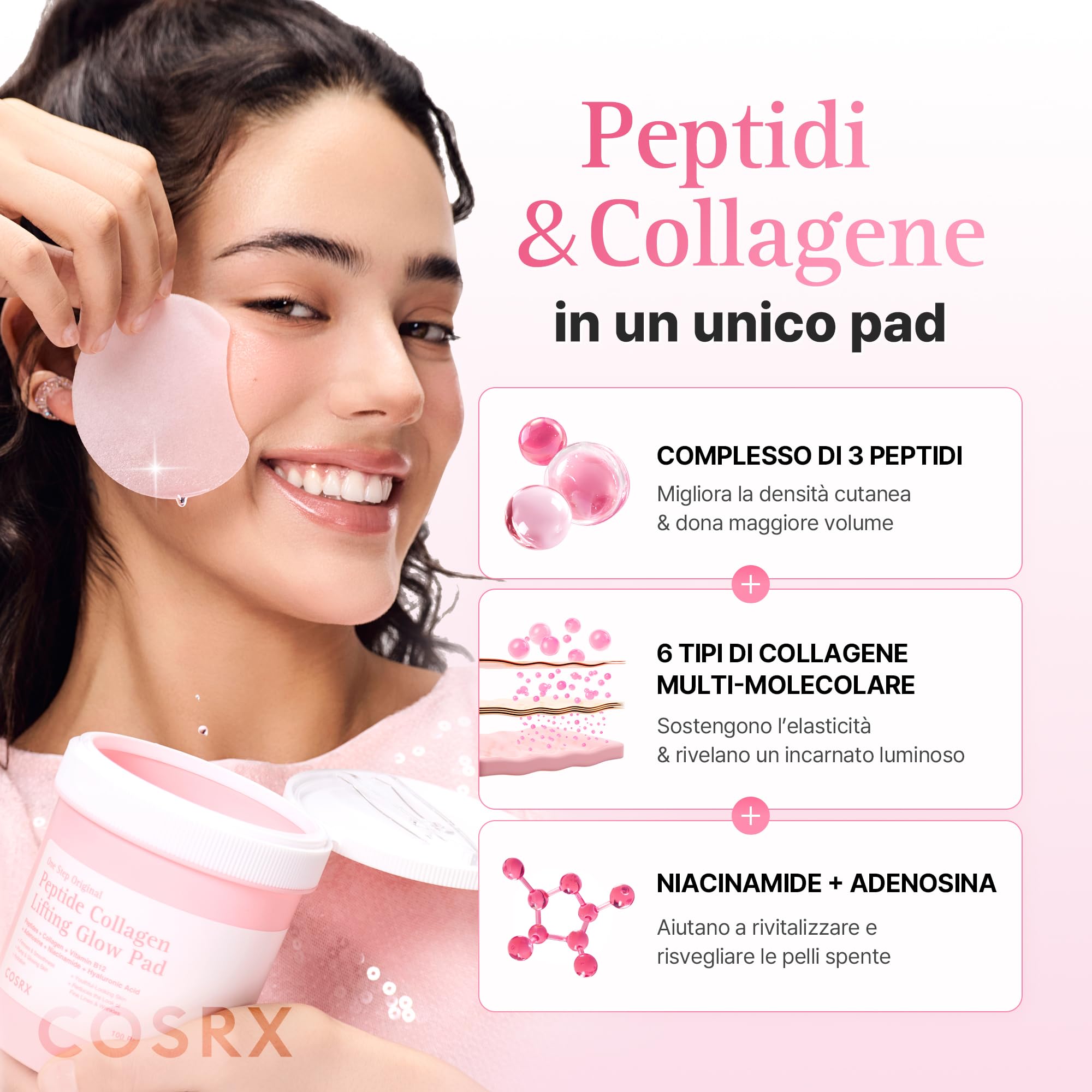 COSRX One Step Original Peptide Collagen Lifting Glow Pad, 100 Pads, Firming & Plumping Toner Pads for Makeup Prep with Peptides, Collagen, Niacinamide, Anti-Ageing Korean Skincare