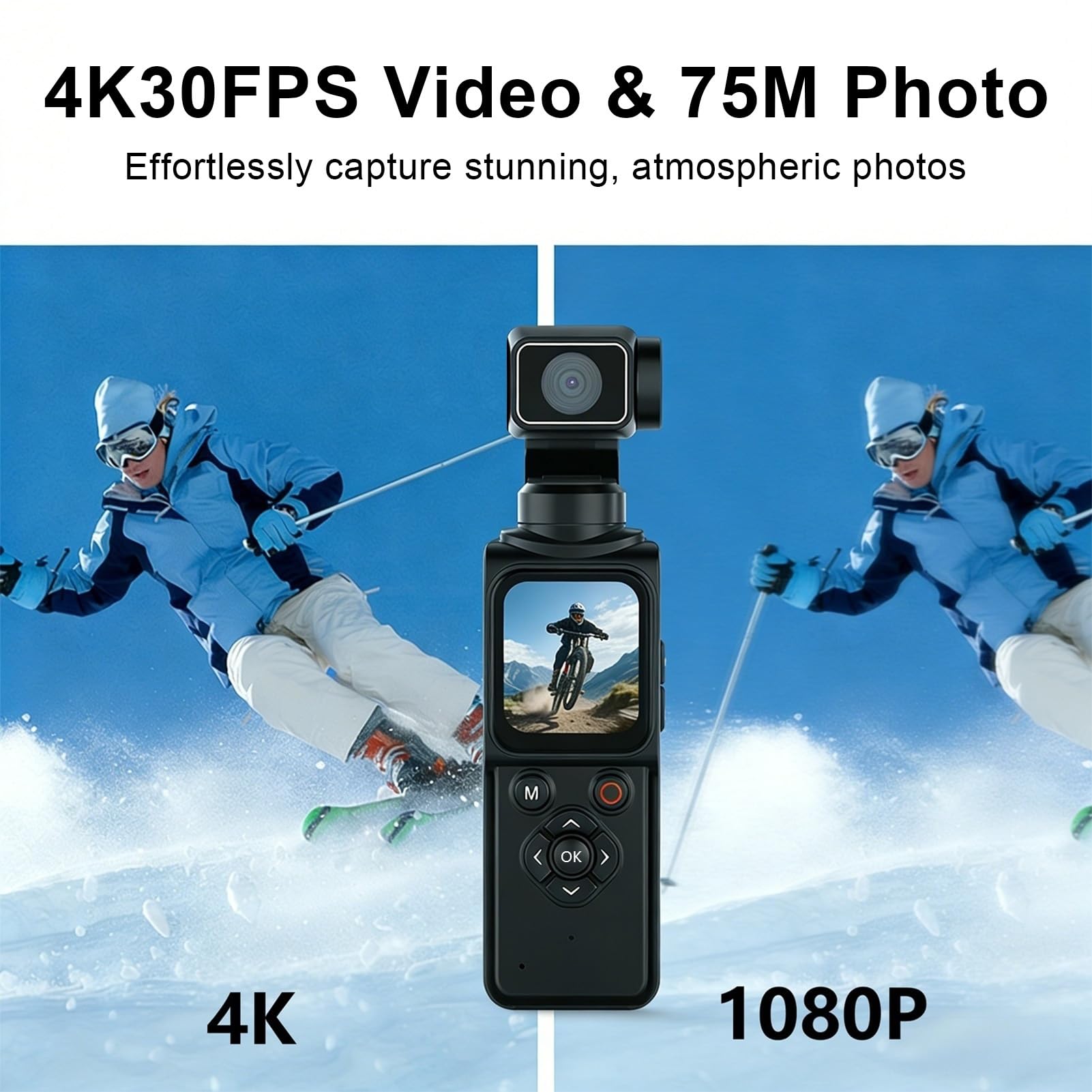 REEDTOCK Fotocamera portatile 4K con foto da 75 MP, fotocamera per vlogging con touchscreen da 1,75 pollici, batteria 2400 mAh per registrazione di 180 minuti, videocamera tascabile con viso a 330° e