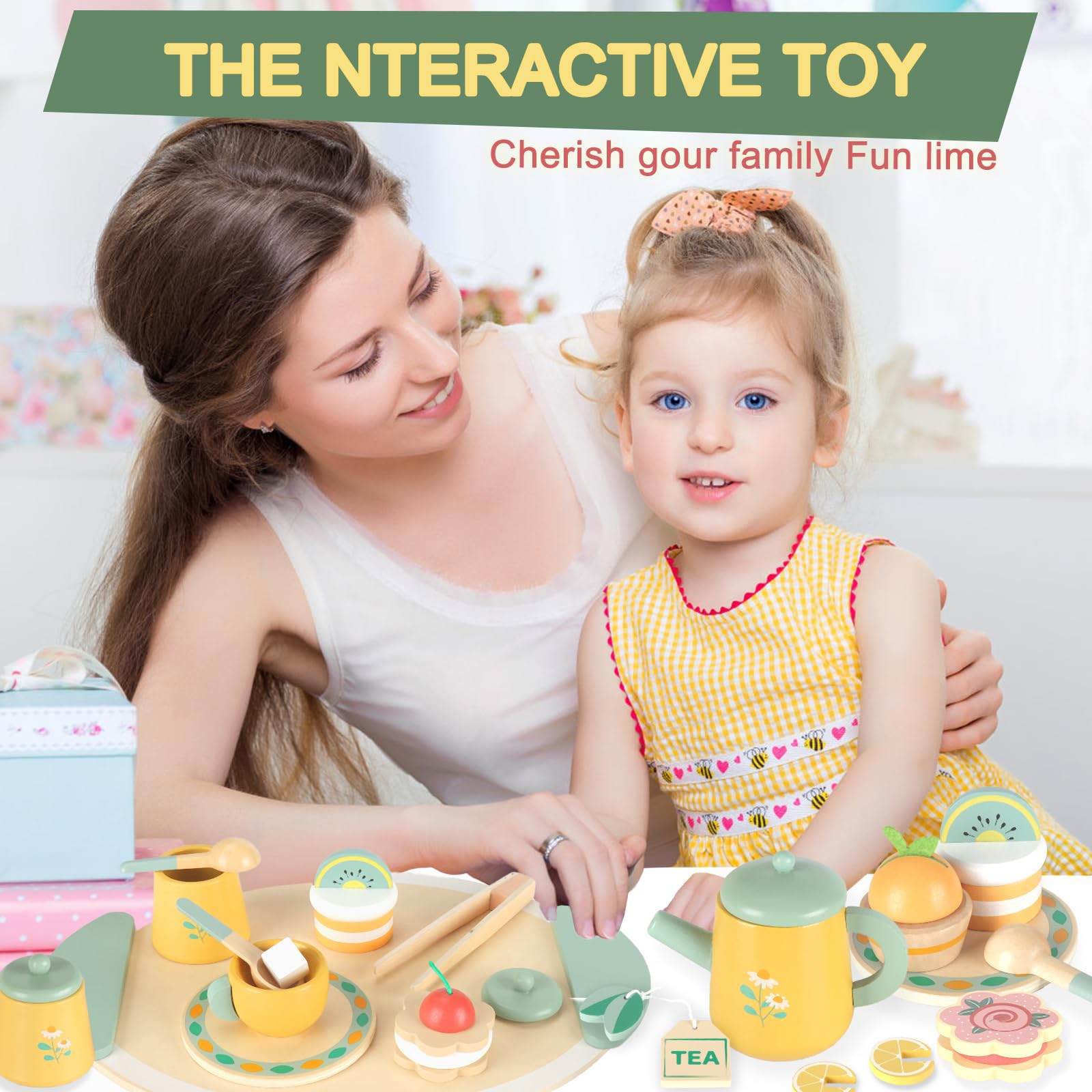 UCAMP Set da Tè in Legno per Bambini - 23pcs Accessori Cucina Giocattolo con Accessori - Regalo per Bambine 3+ Anni