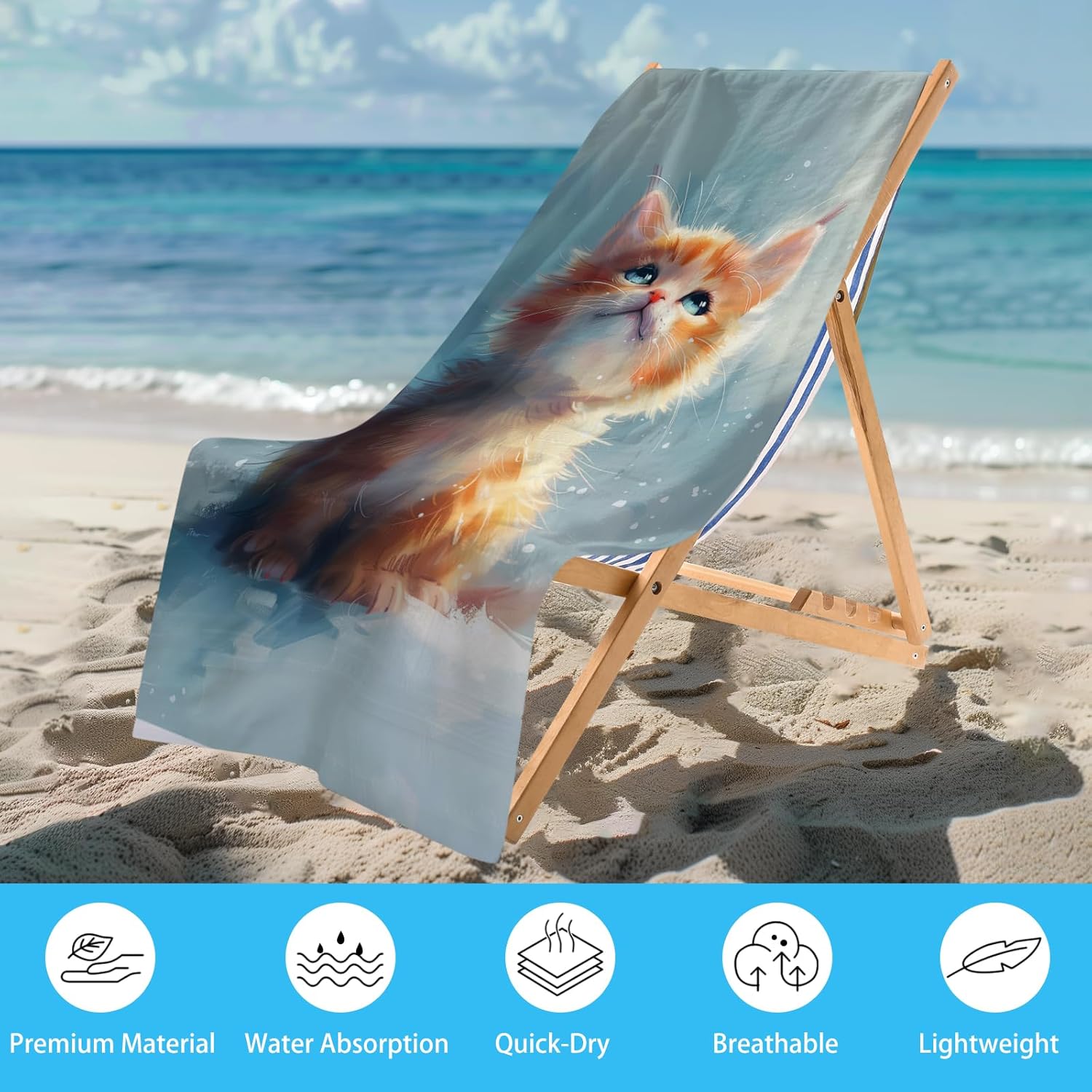 WZOMT Cute Cat Beach Towel, Microfiber Orange Cat Towels for Cats Lovers, Oversized Cats Bath Towel for Kids Girls, Quick Dry Sandproof Kitty Kitten Pool/Swim/Travel Towel, 32x52 Inch