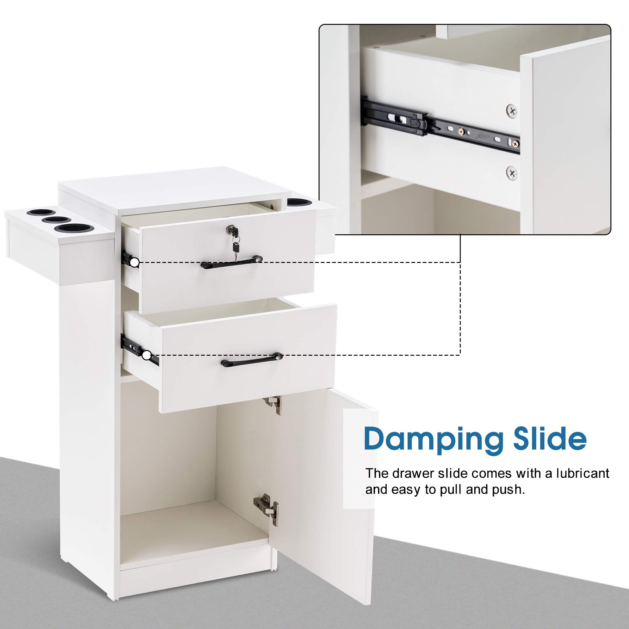 Gabinete de almacenamiento de 38 x 18 x 14 pulgadas para salón de belleza, estación de peluquería con soporte para secador de pelo de nailon, equipo de estilista de peluquería con cajones 6